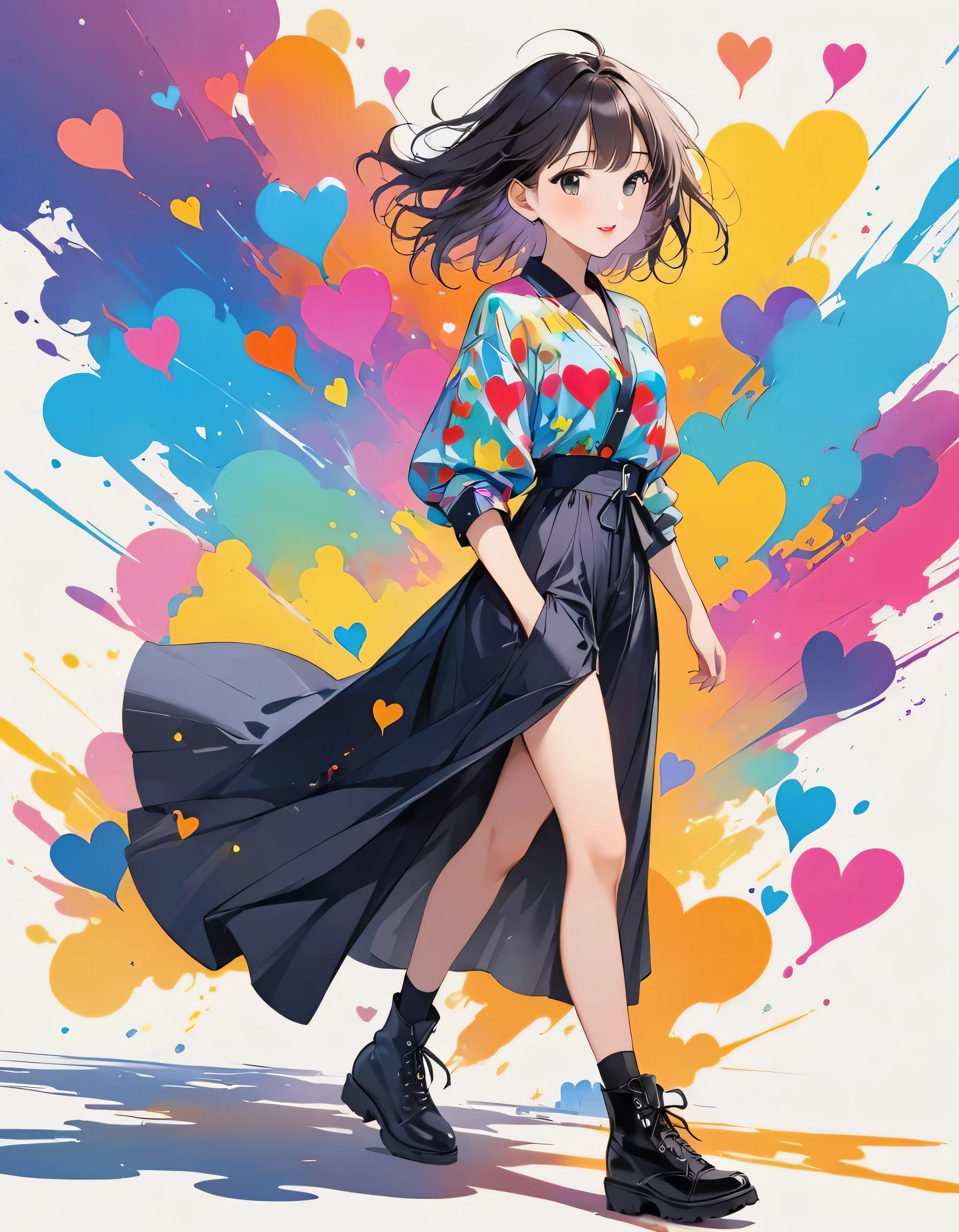 Christian Riese Lassen colorful style, Simple Line Initialism,Abstract art,Urban Background, (((The most beautiful girl of all time))), black eyes, Sweet face. Lips in love, walking, colorful hearts, stylish design