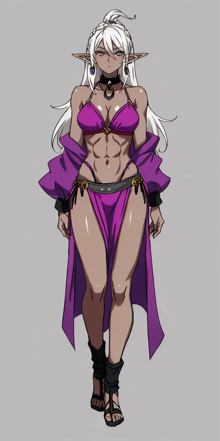 Appearance
Gender: Female
Age: Mature
Race: Drow (elf with dark skin and white hair)
Height: Full-body
Skin: Gray
Skin: Gray
Background: Plain Gray
Eyes: Purple
Attire: Bikini, revealing abdominal muscles
Accessories: Large earrings, ragged rags, chain necklace