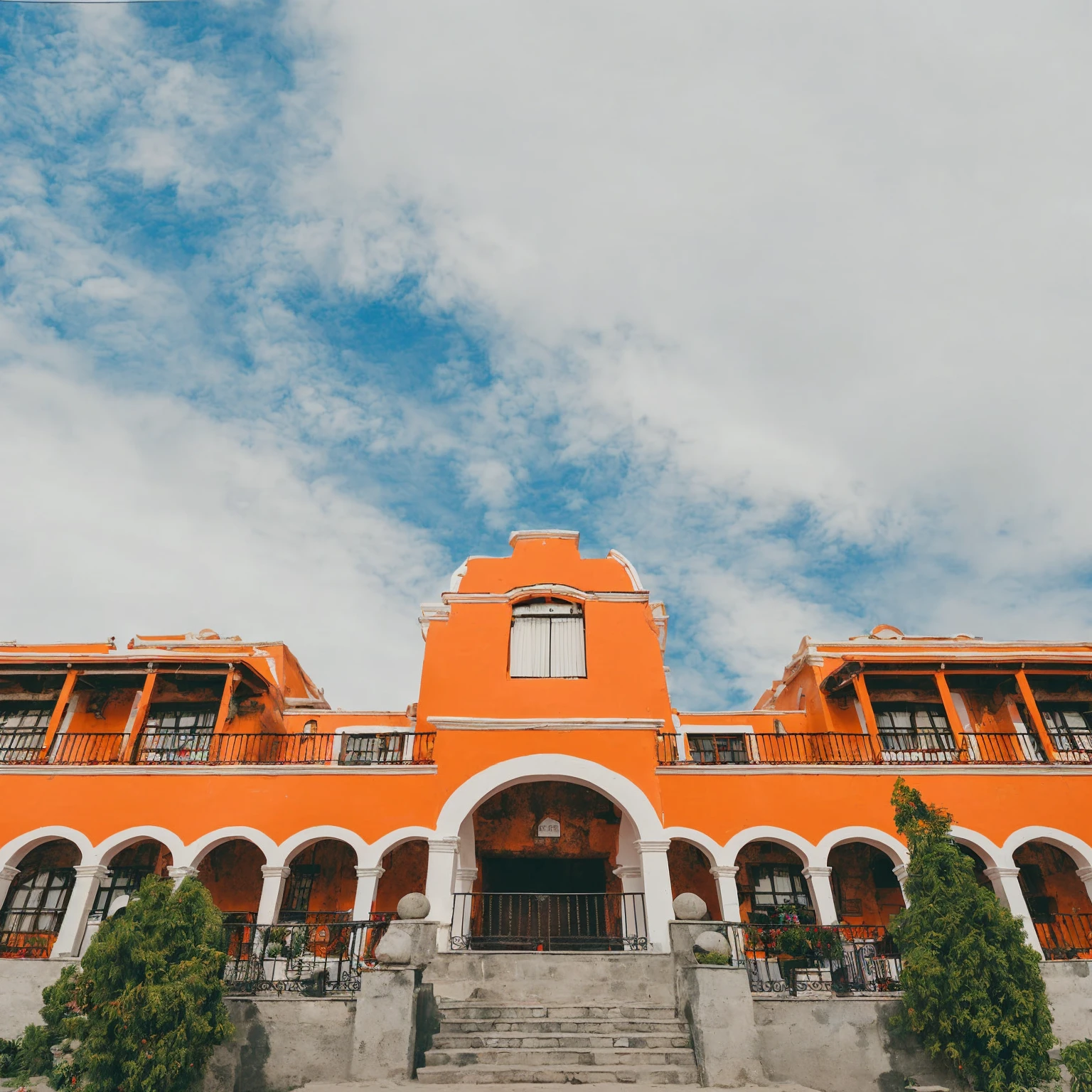 Arafed orange building with a staircase leading to it., historical surroundings, central mexico, colorful building, colorful tile architecture, neoandean architecture, neoandean architecture, town dense architecture, Facade Freddy Mamani Silvestre, Exterior view, Colorful architecture, brightly colored buildings, red building, Ornate mosaic architecture, Front view