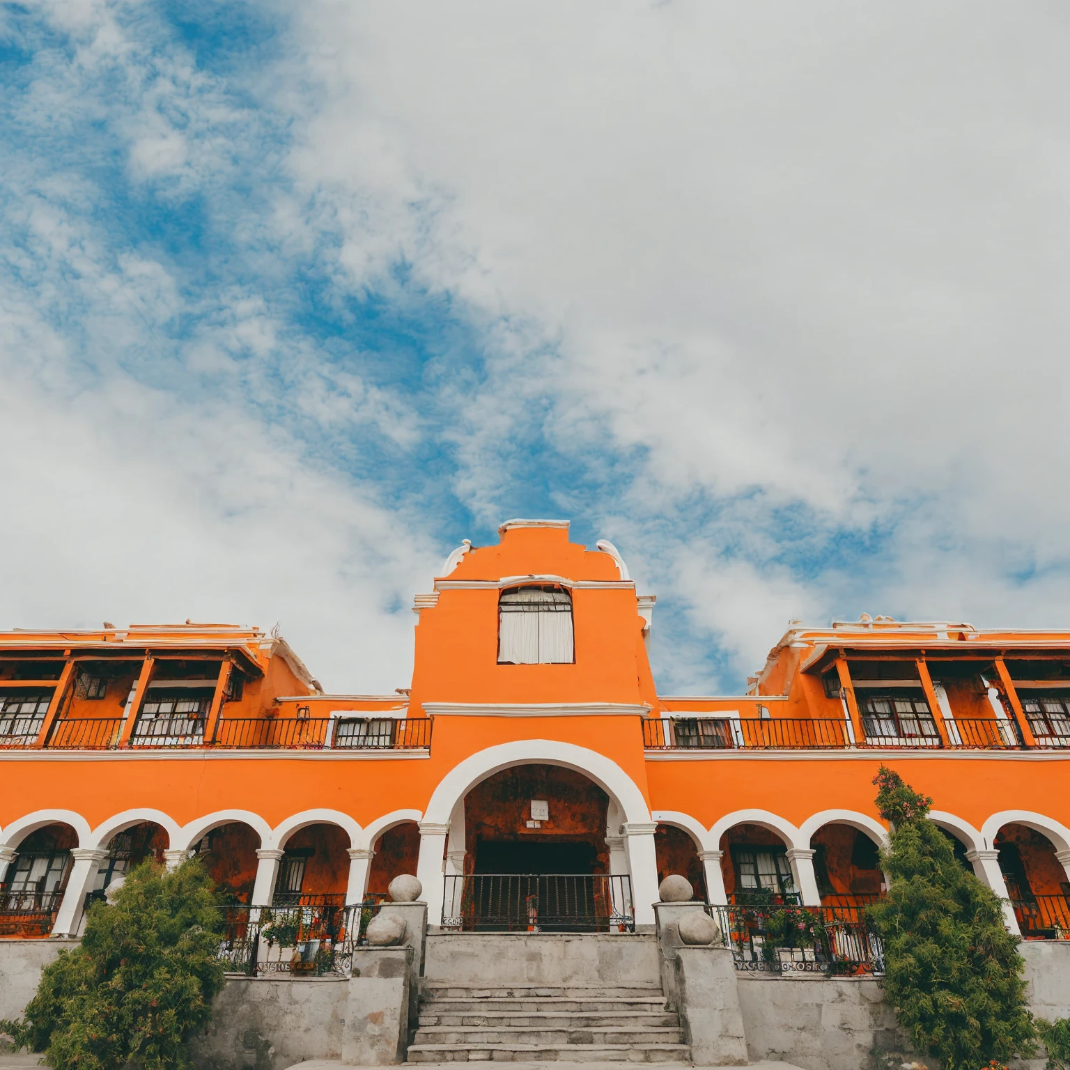 Arafed orange building with a staircase leading to it., historical surroundings, central mexico, colorful building, colorful tile architecture, neoandean architecture, neoandean architecture, town dense architecture, Facade Freddy Mamani Silvestre, Exterior view, Colorful architecture, brightly colored buildings, red building, Ornate mosaic architecture, Front view