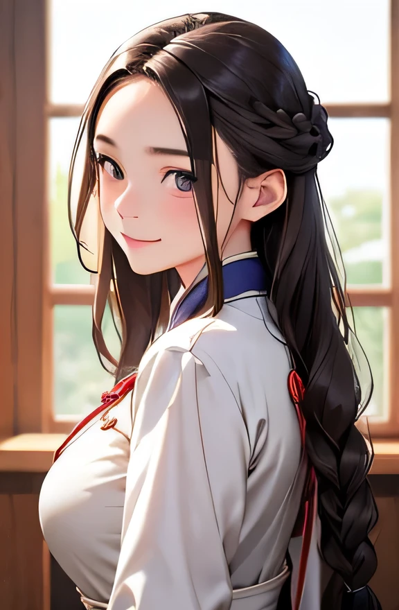 Highest quality、Realistic、Japanese、girl、zoom、cute、Grey Eyes、Long Hair、Braid、Chestnut Hair、Back to all、the forehead is protruding、青いChina dress、China dress、Looking down、Big smile、Sweat、Bust Shot、thin、Large Breasts