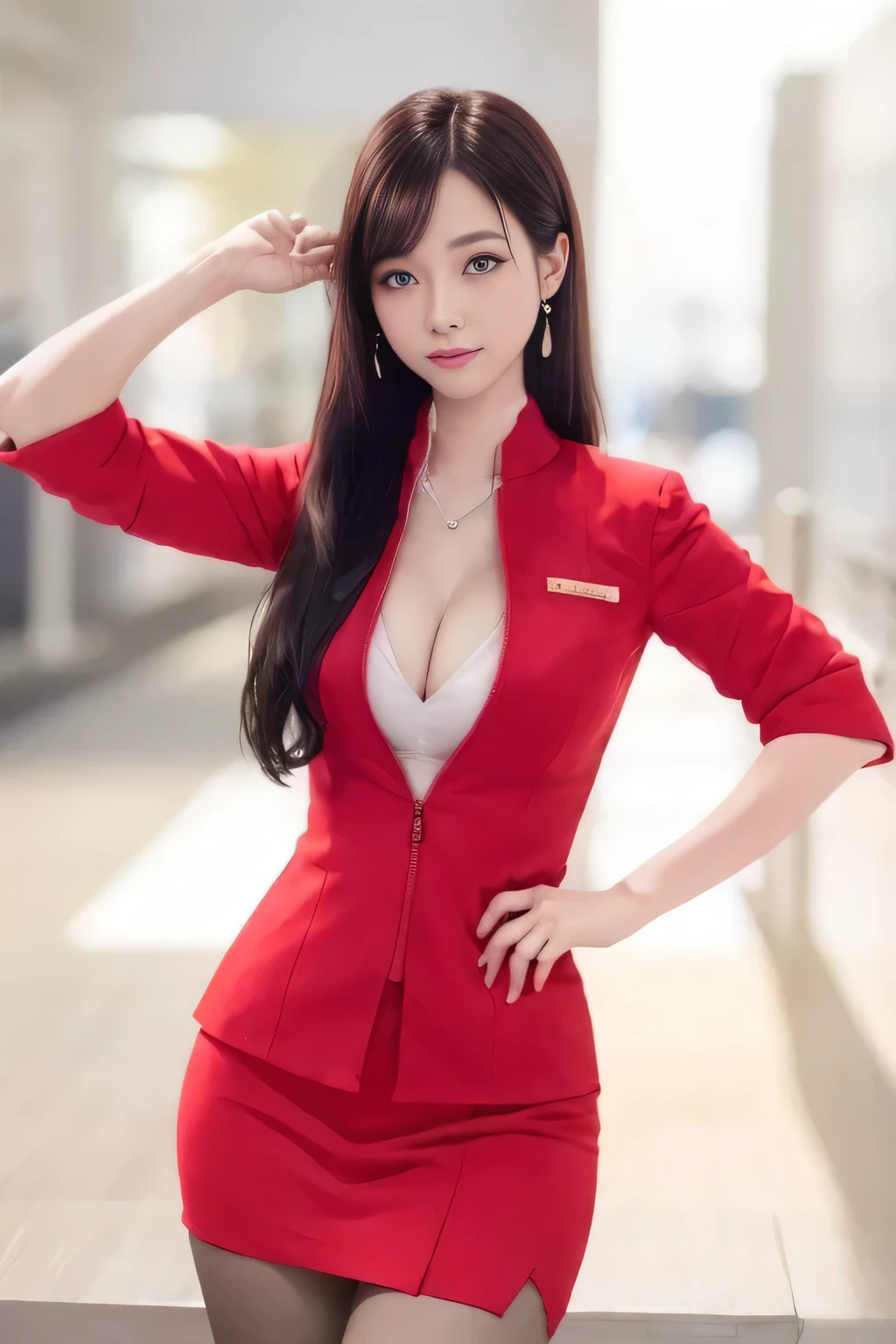 (masterpiece:1.2, Highest quality:1.2), 32k HDR, High resolution, (alone, 1 Girl), （AirAsia stewardess uniform realistic style）, A proper woman, Beautiful Face, Brown Hair, (Long hair down to the legs), (Red jacket:1.1, Unzipped jacket, Unbuttoned white shirt:1.05, Red mini skirt:1.1, pantyhose),（Showing big  through cleavage in unbuttoned white shirt）、（long hair that reaches down to the legs）、Perfect slim body:1.1, Huge breasts, huge breasts cleavage, Detailed skin texture, Beautiful Eyes, (Attractive look:1.2), necklace、Earrings、(forward leaning posture:1.5）, On the roof of a building, Rooftop at daytime,Blue eyes、Hands should be lowered