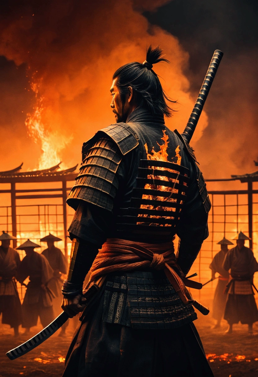 a samurai standing in foreground showing his back holding katana and watching towars the village burning and few people are inside the cages, the atmosphere is dark and scary, the tone is orange