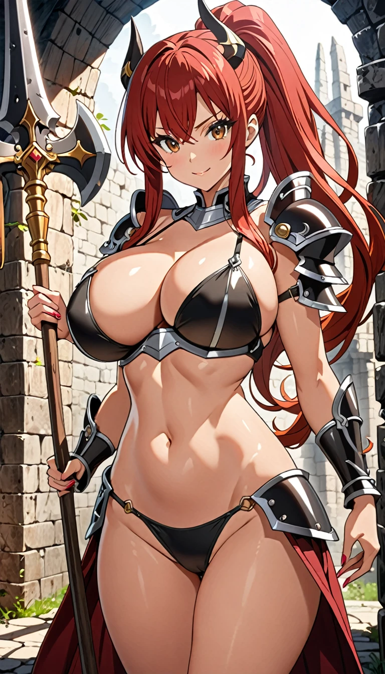 ((masterpiece)), ((high quality)), ((super detailed)), ((high resolution)) ,((8k)), a beautiful woman, ((She is one of the most famous female warrior)), unparalleled beauty, ((huge breast:1.6)), ((large ass:1.2)), ((deep cleavage)), slim waist, chest out, ultra detailed face, perfect skin, (((Red long hair ponytail))), Brown eyes, detailed eyes, whole body image, (((anime))), ((glamorous)), 24 years old, ((incredibly beautiful woman)), ((The G cup bust)), ((((Black Bikini Armor)))), ((beautiful breasts)), beautiful legs, 8 life size, anime, the most beautiful, ((charm)), ((Grown-up face)), ((Perfect fingers)), ((Bewitching)), ((heroine)), ((Inside the dungeon, Adventurer, explore)), Dazzling Smile, ((erotic)), ((Holding a long battle axe in both hands)),