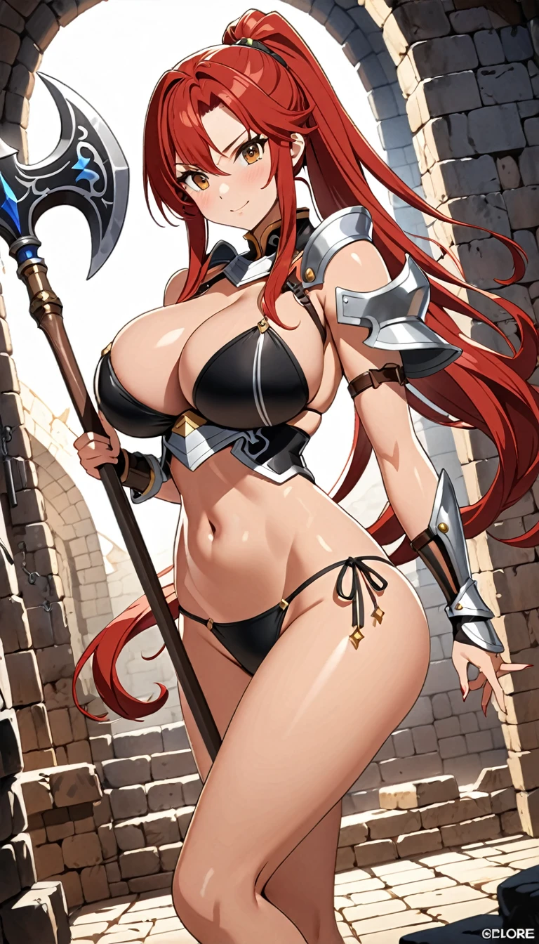 ((masterpiece)), ((high quality)), ((super detailed)), ((high resolution)) ,((8k)), a beautiful woman, ((She is one of the most famous female warrior)), unparalleled beauty, ((huge breast:1.6)), ((large ass:1.2)), ((deep cleavage)), slim waist, chest out, ultra detailed face, perfect skin, (((Red long hair ponytail))), Brown eyes,  detailed eyes, whole body image, (((anime))), ((glamorous)), 24 years old, ((incredibly beautiful woman)), ((The G cup bust)),  ((((Black Bikini Armor)))),  ((beautiful breasts)), beautiful legs, 8 life size, anime, the most beautiful, ((charm)), ((Grown-up face)), ((Perfect fingers)), ((Bewitching)), ((heroine)), ((Inside the dungeon, Adventurer, explore)), Dazzling Smile, ((erotic)), ((Holding a long battle axe in both hands)),