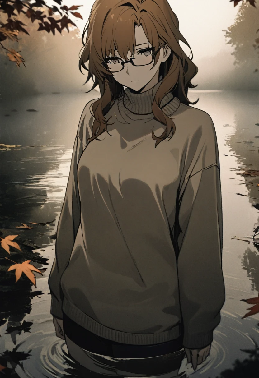 1girl, kiryuu moeka, steins;gate, glasses, muted colors, autumn forest, cozy sweater, masterpiece, best quality, absurdres, misty lake, standing by the water's edge, foggy atmosphere, reflection in water, fallen leaves, earthy tones, serene expression, soft lighting, introspective mood,cowboy shot
