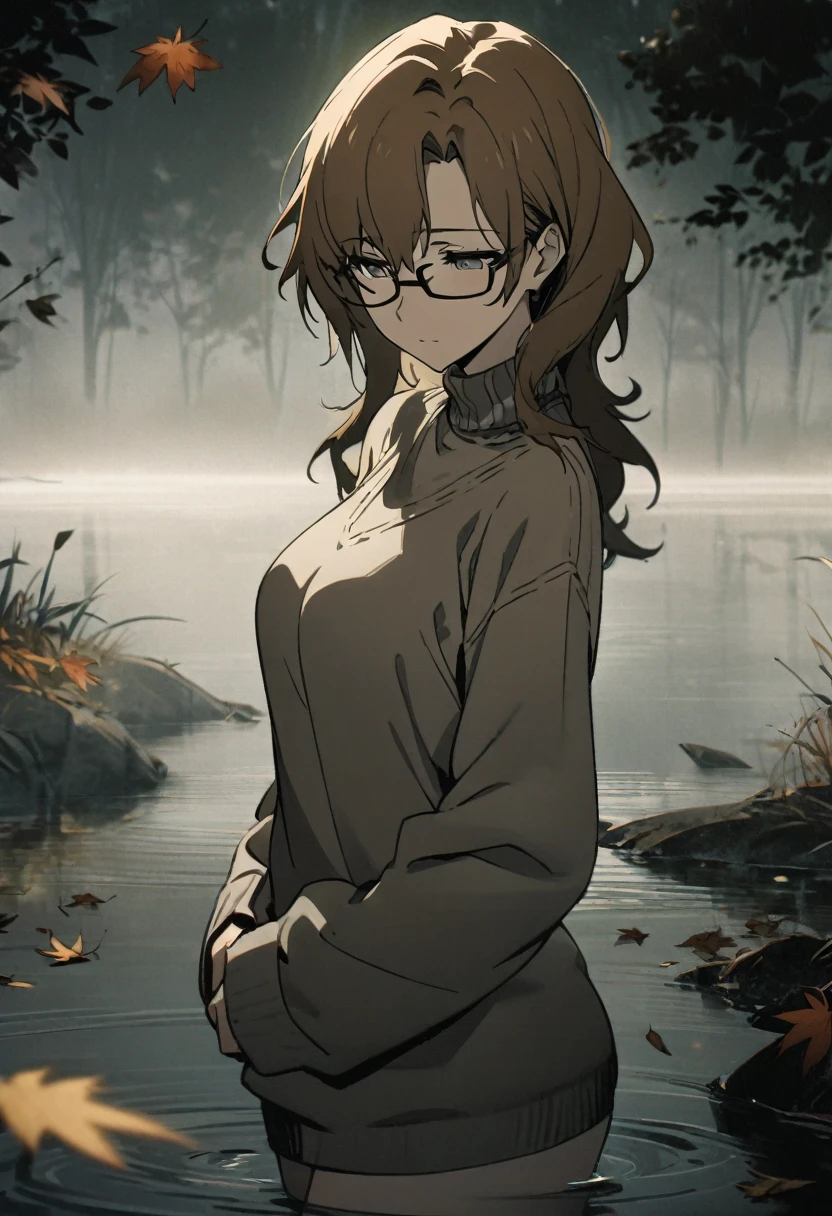 1girl, kiryuu moeka, steins;gate, glasses, muted colors, autumn forest, cozy sweater, masterpiece, best quality, absurdres, misty lake, standing by the water's edge, foggy atmosphere, reflection in water, fallen leaves, earthy tones, serene expression, soft lighting, introspective mood,cowboy shot