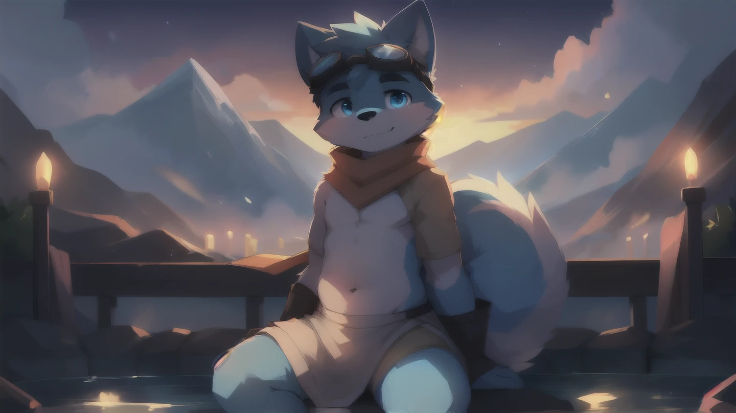solo, handsome_furry, adult, blue_male_dog, (child_shape:1.3), (blue body:1.5), seductive_face, blush_face, detailed_child_face, hips wide, unfolded_body, cute_dog_paws, fluffy_dog_tail, lively, lascivious, ready to explore sex world, long_blue_scarf, white_loincloth, goggles, big eyebrows, blue eyes, detailed eyes, (fat_waist:1.2), no_shirt, (no clothes:1.7), (no_underwear:1.5), (white baggy pants:0.7), sitting, mountain, (night:1.5), hot spring, candles_light,, art by pache_riggs
