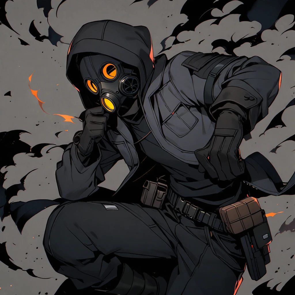 (well done:1) man, completely dark skin, black gas mask, gray jacket with a hood, black long-sleeved shirt, black gloves, black pants, black boots.