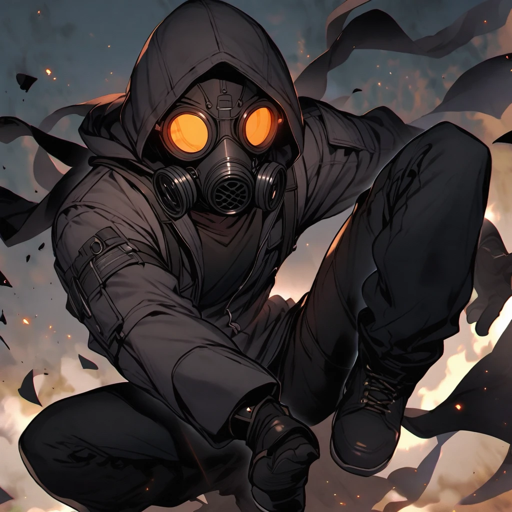 (well done:1) man, completely dark skin, black gas mask, gray jacket with a hood, black long-sleeved shirt, black gloves, black pants, black boots.