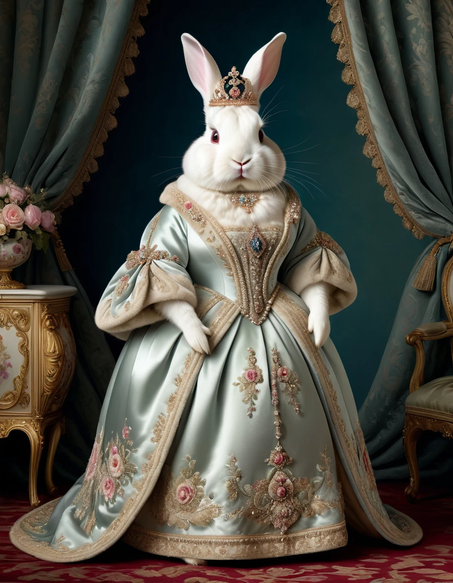 photorealistic portrait of Dressed animals - a ((fat)) (angora rabbit) princess, (full body image:1.5),(elegant pose:1.5) Wearing luxury sack-back gown,(wearing luxury tiara),(hands on hips:1.5), Old-fashioned luxury loyal dress, detailed and opulent description of a loyal aristocratic sack-back gown in Rococo , emphasizing luxurious fabrics, intricate embroidery, and ornate accessories, Rococo style king palace background,(looking at viewer:1.5),score_9, score_8_up, score_7_up, score_6_up, score_5_up, score_4_up,