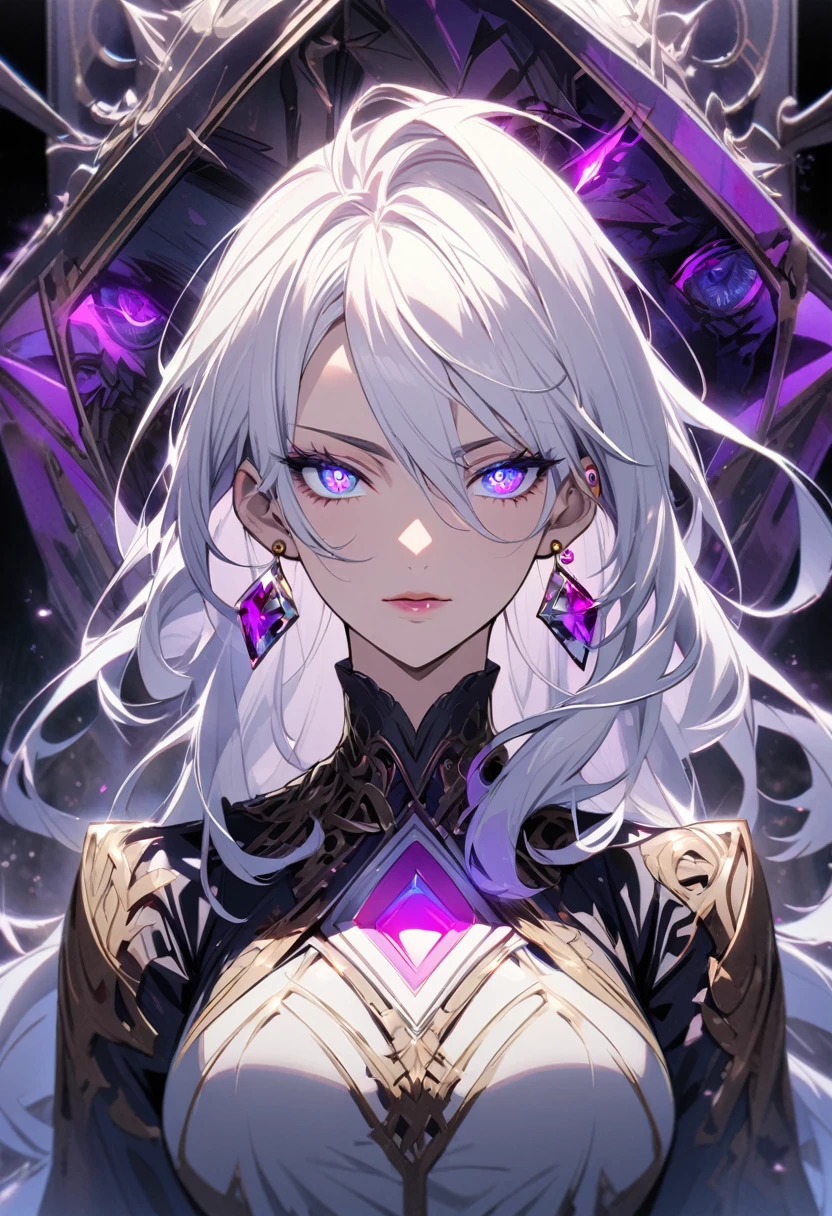 woman, blue eyes, long hair, white hair, mature, god eyes, diamond earings, two colors eyes, purple eyes, glowing eyes. cool
