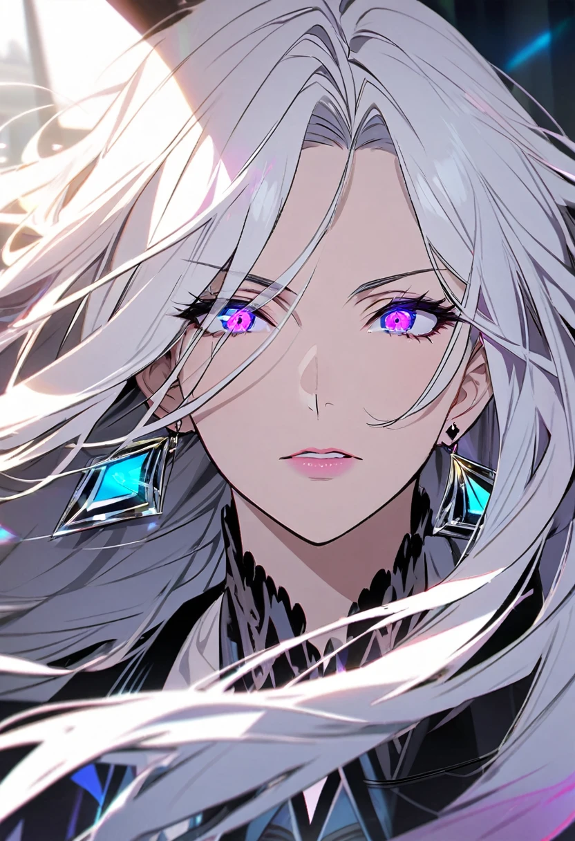 woman, blue eyes, long hair, white hair, mature, god eyes, diamond earings, two colors eyes, purple eyes, glowing eyes. cool