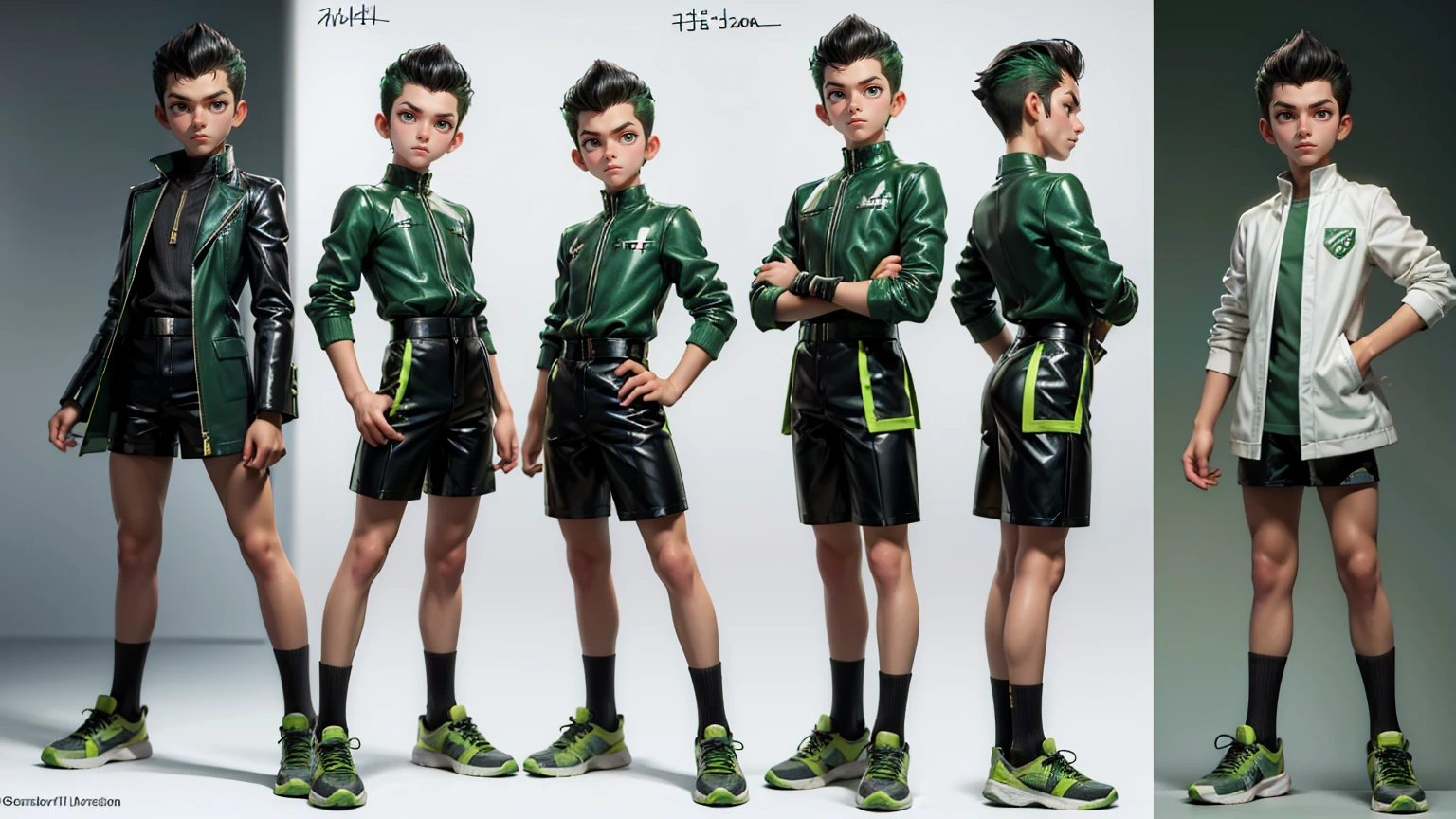 cute face boy, cute face, short height boy, wearing casual futuristic green color pent, green dress, full standing pose, Pompadour hairs, Pompadour style hair, sports shoes, Character Sheet, , Full body, Simple white background, front pose character reference sheet, Concept art, design sheet