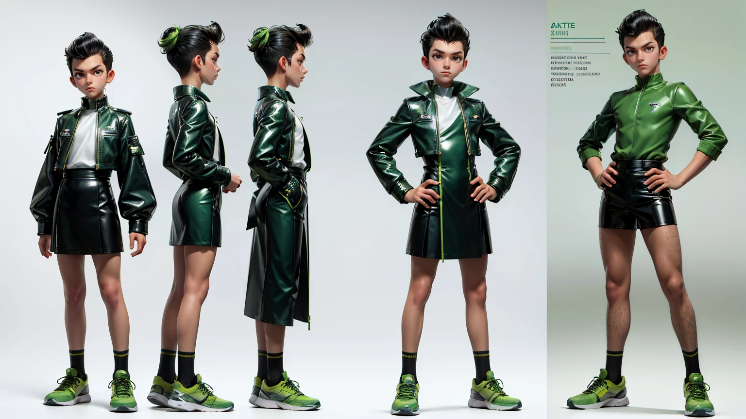 cute face boy, cute face, short height boy, wearing casual futuristic green color pent, green  dress, full standing pose, Buzz Cut white color  hairs, Buzz Cut white color  hairs, sports shoes, Character Sheet, 12 yo student, Full body, Simple white background, front pose character reference sheet, Concept art, design sheet
