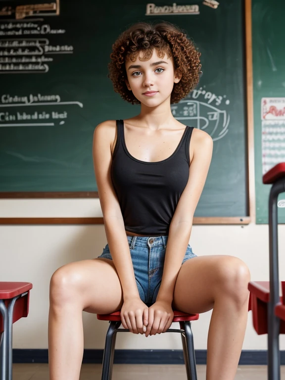  girl, short hair, extremely curly, Red color, Skinny body, , top, short short, shows her legs, is standing, In classroom, the blackboard is behind her, two hands, slavic face, freckles on his face, very beautiful