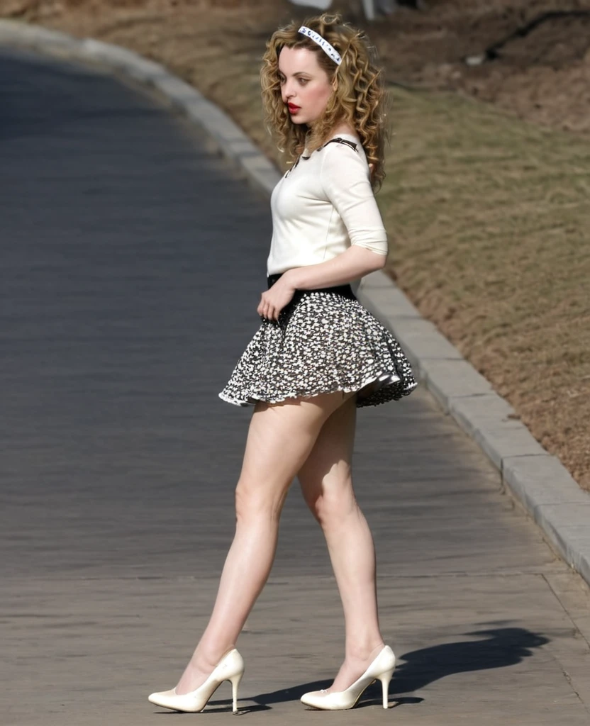 Melissa  George,  very long puffy curly hair,  head band,  very tiny miniskirt,  pantyhose,  high heels,  sun shiny day 