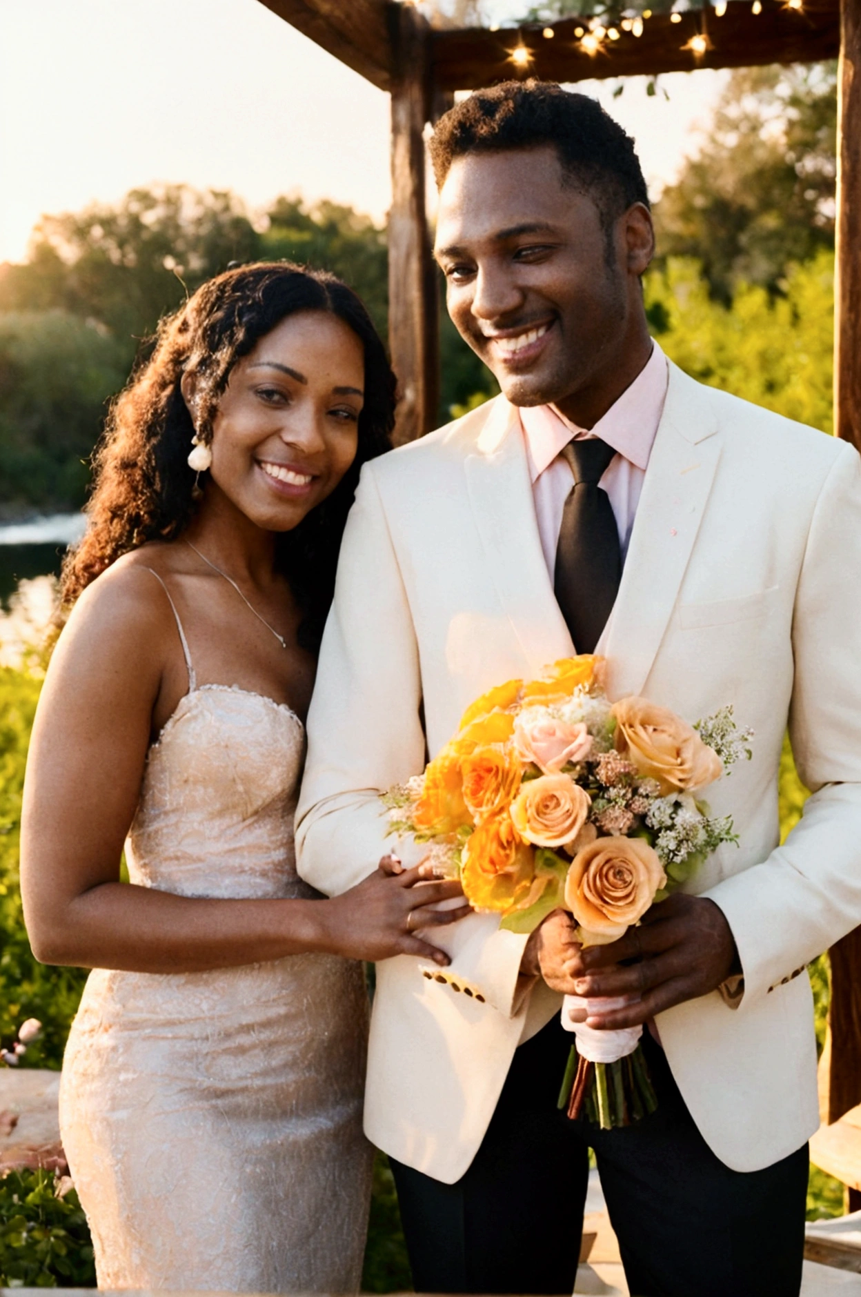 A Dark skin complexion African American man and a Brown skin complexion woman stand side by side, posing for a photo with smiles on their faces. The man is dressed in a suit and tie, while the woman wears a black dress with high heels . Both are well-dressed and appear to be celebrating their wedding anniversary day.
A romantic setting for a wedding anniversary celebration. A wooden table adorned with a delicate white lace tablecloth, crystal glasses reflecting the soft glow of candlelight, and a lovely centerpiece with a bouquet of red roses. In the background, golden sunset light streams in through a large window, casting a warm and inviting hue over everything.An enchanting romantic scene of a beautifully set outdoor table under a rustic wooden pergola adorned with fairy lights. The centerpiece is a lush bouquet of delicate flowers in pastel colors, with elegant crystal goblets and golden cutlery on both sides. In the backdrop, a stunning view of a serene lake at sunset where the sky is ablaze with hues of orange and pink. The warm glow adds a magical touch to the celebration.
