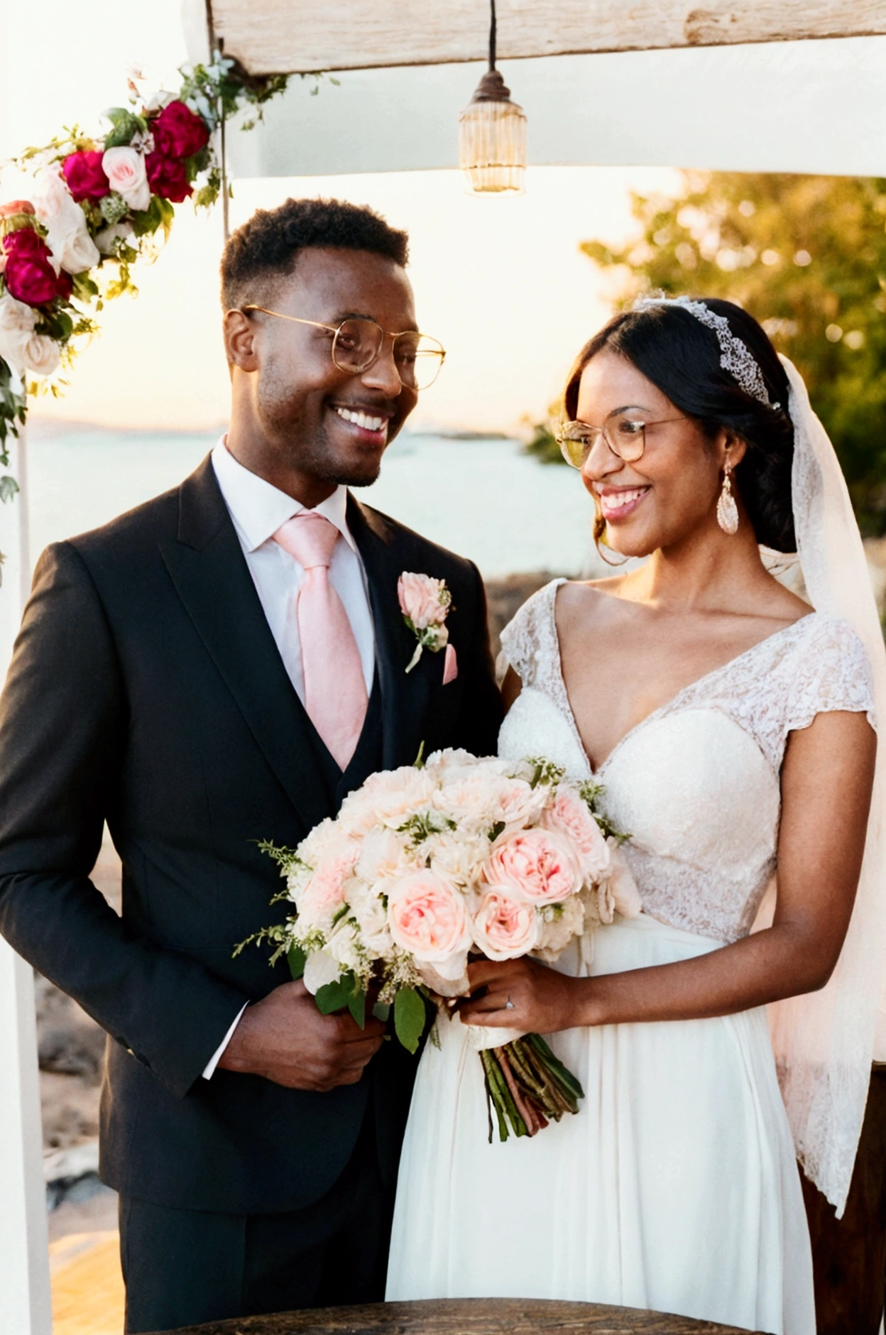 A Dark skin complexion African American man and a Brown skin complexion woman stand side by side, posing for a photo with smiles on their faces. The man is dressed in a suit and tie, while the woman wears a black dress with high heels . Both are well-dressed and appear to be celebrating their wedding anniversary day.
A romantic setting for a wedding anniversary celebration. A wooden table adorned with a delicate white lace tablecloth, crystal glasses reflecting the soft glow of candlelight, and a lovely centerpiece with a bouquet of red roses. In the background, golden sunset light streams in through a large window, casting a warm and inviting hue over everything.An enchanting romantic scene of a beautifully set outdoor table under a rustic wooden pergola adorned with fairy lights. The centerpiece is a lush bouquet of delicate flowers in pastel colors, with elegant crystal goblets and golden cutlery on both sides. In the backdrop, a stunning view of a serene lake at sunset where the sky is ablaze with hues of orange and pink. The warm glow adds a magical touch to the celebration.