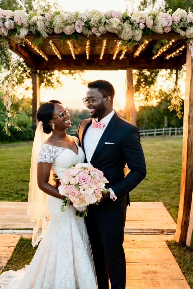 A Dark skin complexion African American man and a Brown skin complexion woman stand side by side, posing for a photo with smiles on their faces. The man is dressed in a  suit and tie, while the woman wears a black dress with high heels . Both are well-dressed and appear to be celebrating their wedding anniversary day.
A romantic setting for a wedding anniversary celebration. A wooden table adorned with a delicate white lace tablecloth, crystal glasses reflecting the soft glow of candlelight, and a lovely centerpiece with a bouquet of red roses. In the background, golden sunset light streams in through a large window, casting a warm and inviting hue over everything.An enchanting romantic scene of a beautifully set outdoor table under a rustic wooden pergola adorned with fairy lights. The centerpiece is a lush bouquet of delicate flowers in pastel colors, with elegant crystal goblets and golden cutlery on both sides. In the backdrop, a stunning view of a serene lake at sunset where the sky is ablaze with hues of orange and pink. The warm glow adds a magical touch to the celebration.