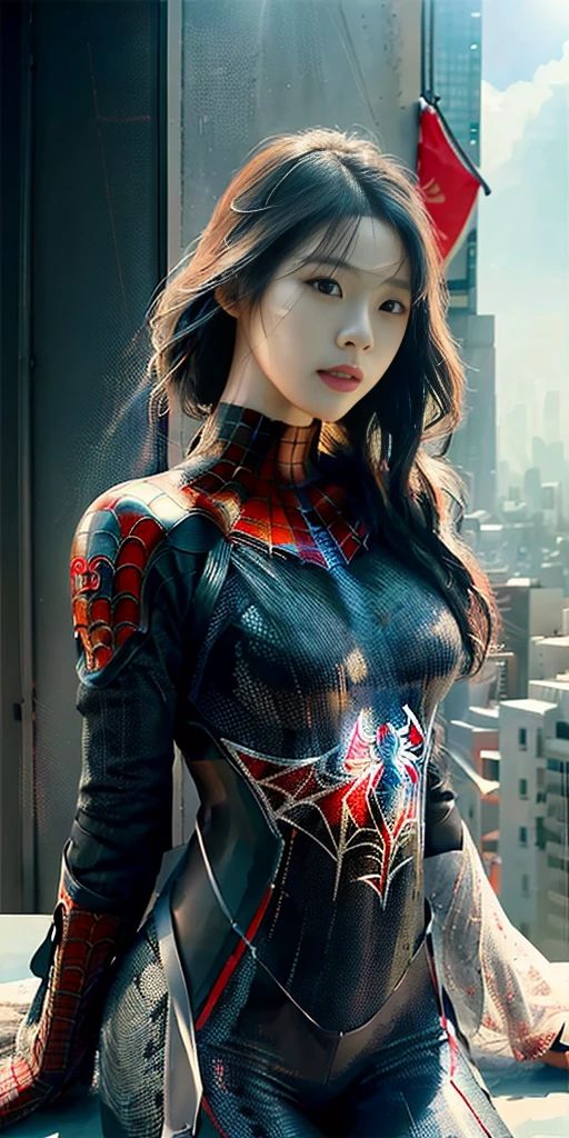 (1 woman:1.3), alone, (((Very detailed face)))), ((very detailed 눈과 얼굴)))), beautiful 디테일의 눈, body parts__, official art, Integrated 8K wallpaper, very detailed, beautiful and beautiful, beautiful, masterpiece, best quality, original, masterpiece, very nice photo, best quality, ultra high resolution, realistic realism, sunlight, full body portrait, amazing beauty, dynamic pose, delicate face, lively eyes, (in front), she wears a spiderman suit, red and black color scheme, spider, very detailed 도시 지붕 배경, rooftop, overlooking the city, detailed face, Detailed complex busy background, crummy, very cool, milk white, very detailed 피부, realistic skin details, visible pores, clear focus, volumetric fog, 8k words, dslr, high quality, film grain, fair skin, photo realism, lomography, Futuristic dystopian megacity, transparent