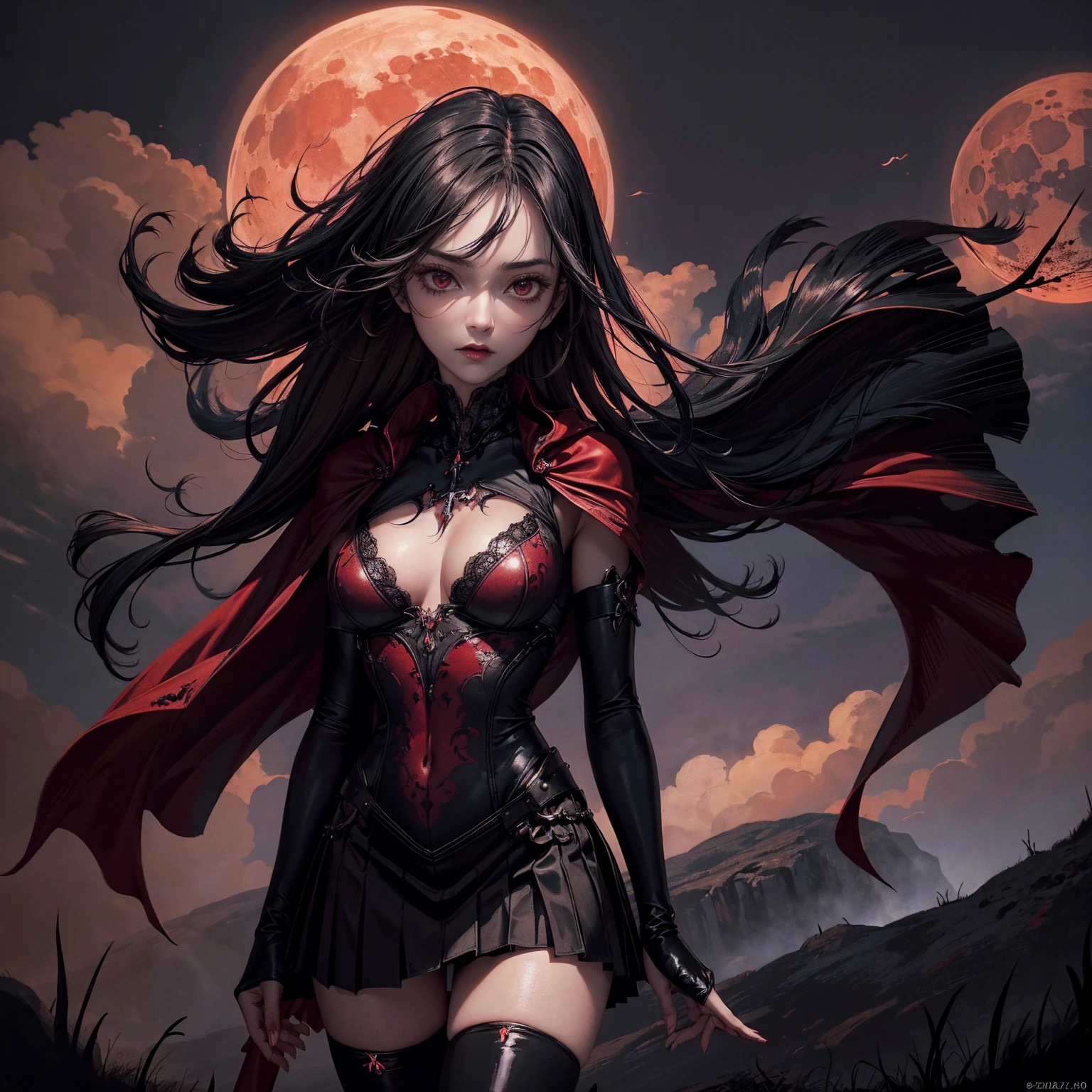best quality, 4K, high resolution, masterpiece:1.2, Very detailed, actual:1.37, Mood lighting, Girl in a long cape, Only wearing a reflective rubber bra and a reflective latex skirt and a pair of knee-high stockings, Exposes the navel,Shows the skin above the chest, Dangerous sneer, Black Hair, Standing, Facing the camera, Crucified, Pitch black sky, Blood-red moon, strange atmosphere, Gothic style, Unforgettable beauty, Dramatic shadows, Ethereal Light, Mysterious atmosphere.