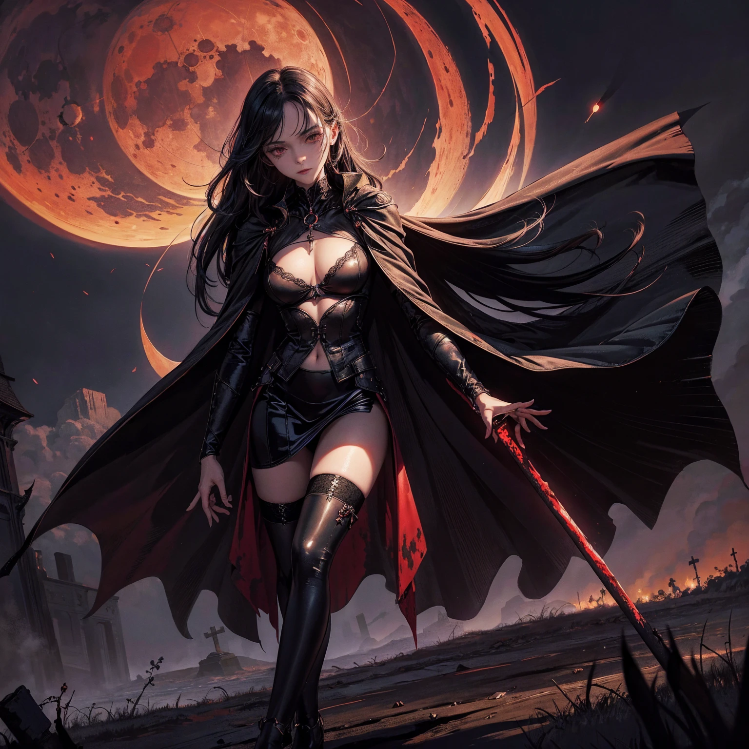 best quality, 4K, high resolution, masterpiece:1.2, Very detailed, actual:1.37, Mood lighting, Girl in a long cape, Only wearing a reflective rubber bra and a reflective latex skirt and a pair of knee-high stockings, Exposes the navel,Shows the skin above the chest, Dangerous sneer, Black Hair, Standing, Facing the camera, Crucified, Pitch black sky, Blood-red moon, strange atmosphere, Gothic style, Unforgettable beauty, Dramatic shadows, Ethereal Light, Mysterious atmosphere.