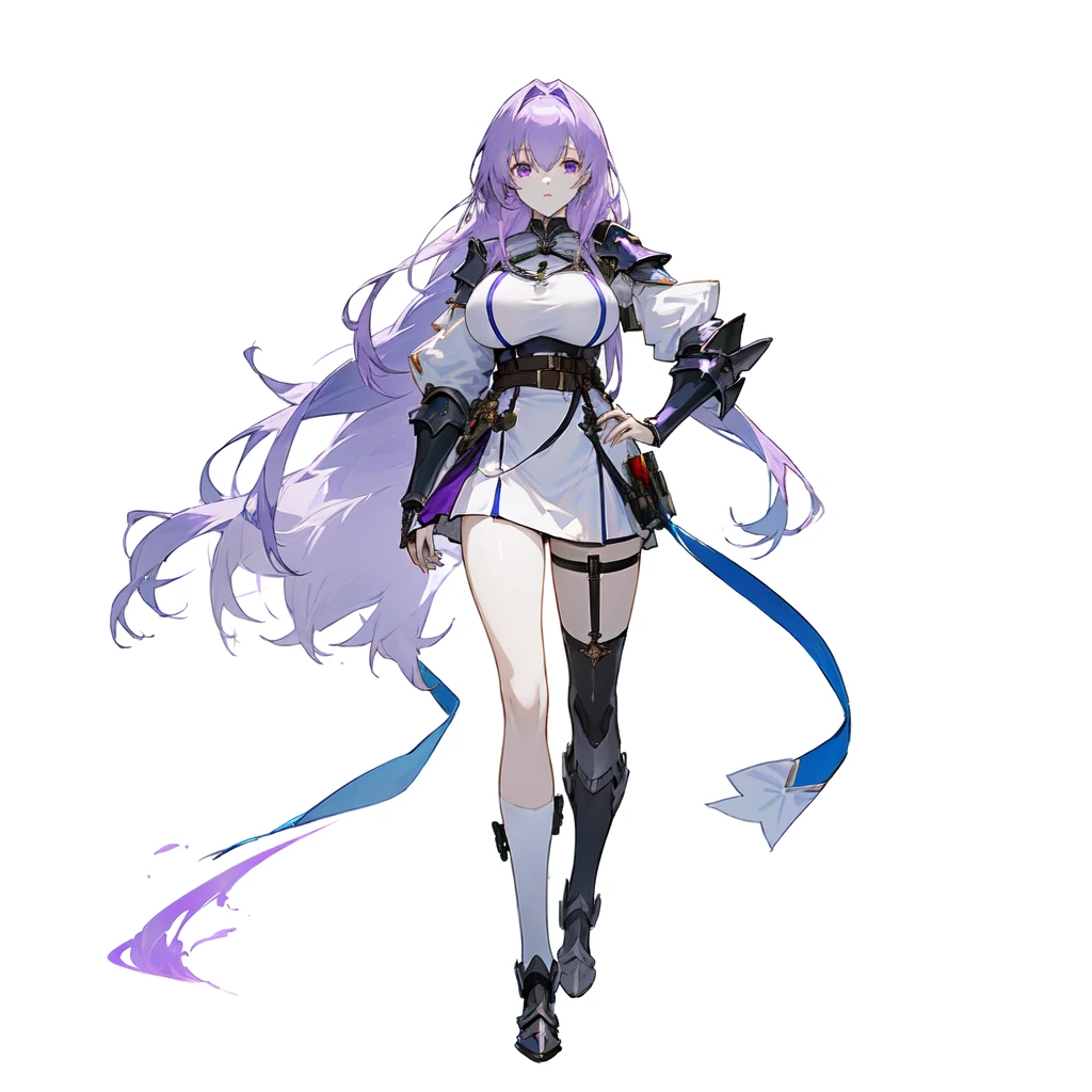 anime girl with long silver hair and armor in her left arm walking, character pose, anime character sheet, official character art, cushart krenz key art feminine, ( ( character concept art ) ), purple hairties, purple laces, female anime character, (light purple eyes), ((big breasts)), short white dress, armor in belly, belts, white long socks, fantasy anime character, (((pale skin))), characters from azur lane
