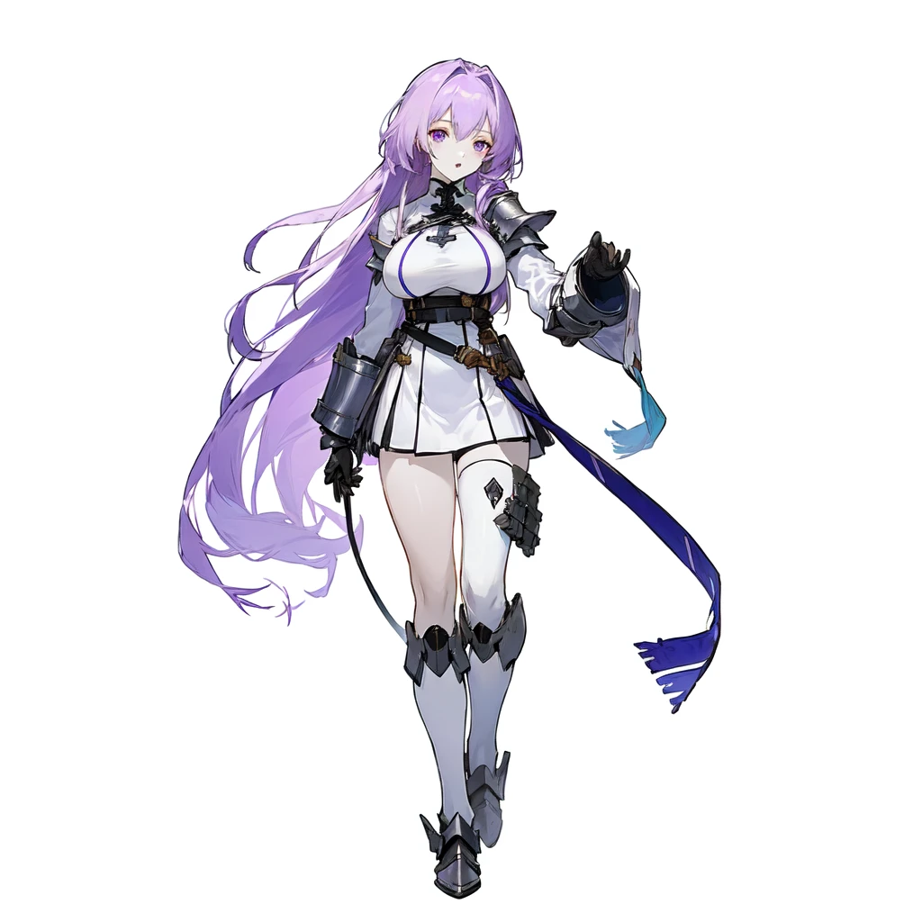 anime girl with long silver hair and armor in her left arm walking, character pose, anime character sheet, official character art, cushart krenz key art feminine, ( ( character concept art ) ), purple hairties, purple laces, female anime character, (light purple eyes), ((big breasts)), short white dress, armor in belly, belts, white long socks, fantasy anime character, (((pale skin))), characters from azur lane
