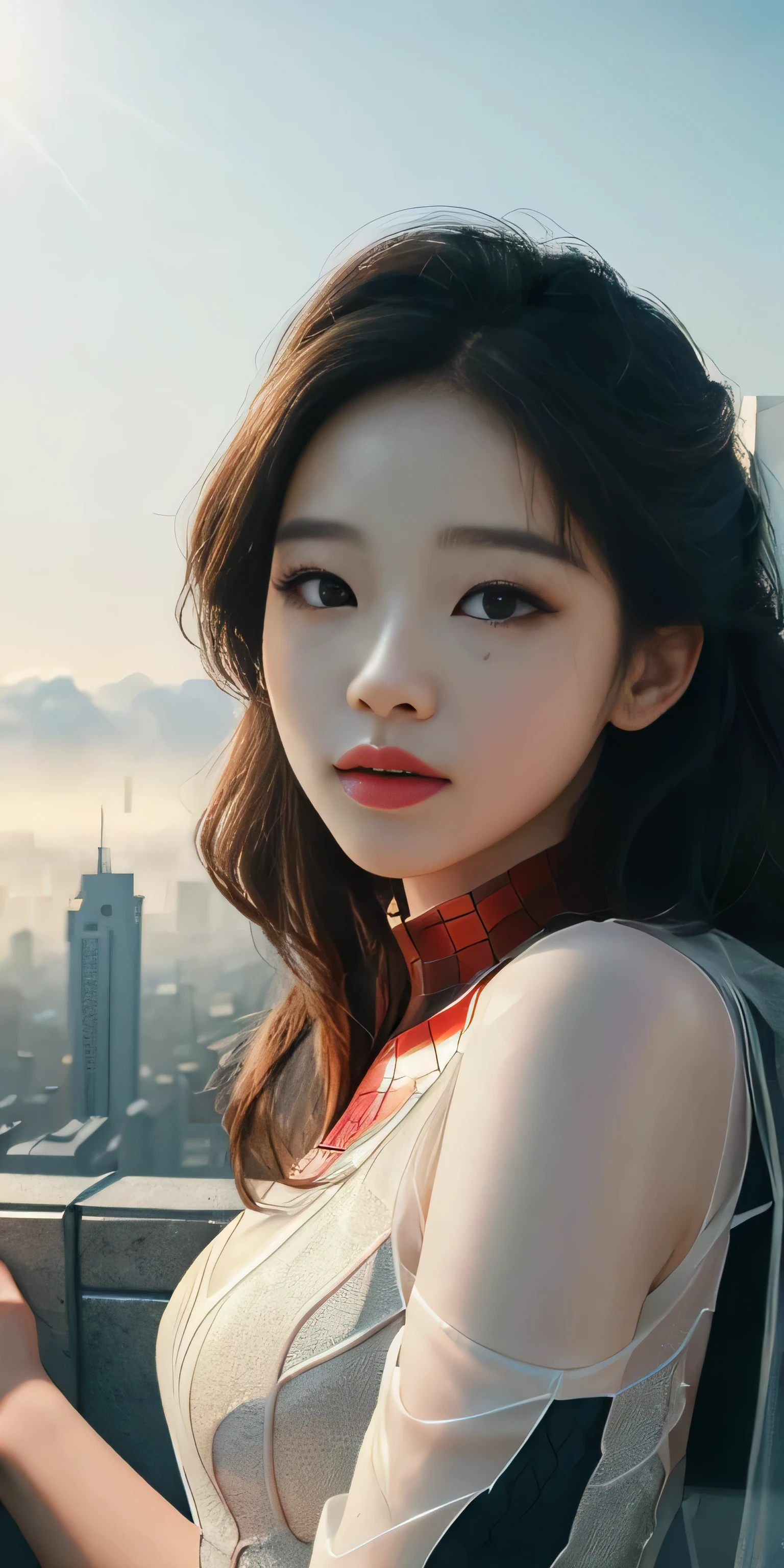 (1 woman:1.3), alone, (((Very detailed face)))), ((very detailed 눈과 얼굴)))), beautiful 디테일의 눈, body parts__, official art, Integrated 8K wallpaper, very detailed, beautiful and beautiful, beautiful, masterpiece, best quality, original, masterpiece, very nice photo, best quality, ultra high resolution, realistic realism, sunlight, full body portrait, amazing beauty, dynamic pose, delicate face, lively eyes, (in front), she wears a spiderman suit, red and black color scheme, spider, very detailed 도시 지붕 배경, rooftop, overlooking the city, detailed face, Detailed complex busy background, crummy, very cool, milk white, very detailed 피부, realistic skin details, visible pores, clear focus, volumetric fog, 8k words, dslr, high quality, film grain, fair skin, photo realism, lomography, Futuristic dystopian megacity, transparent
