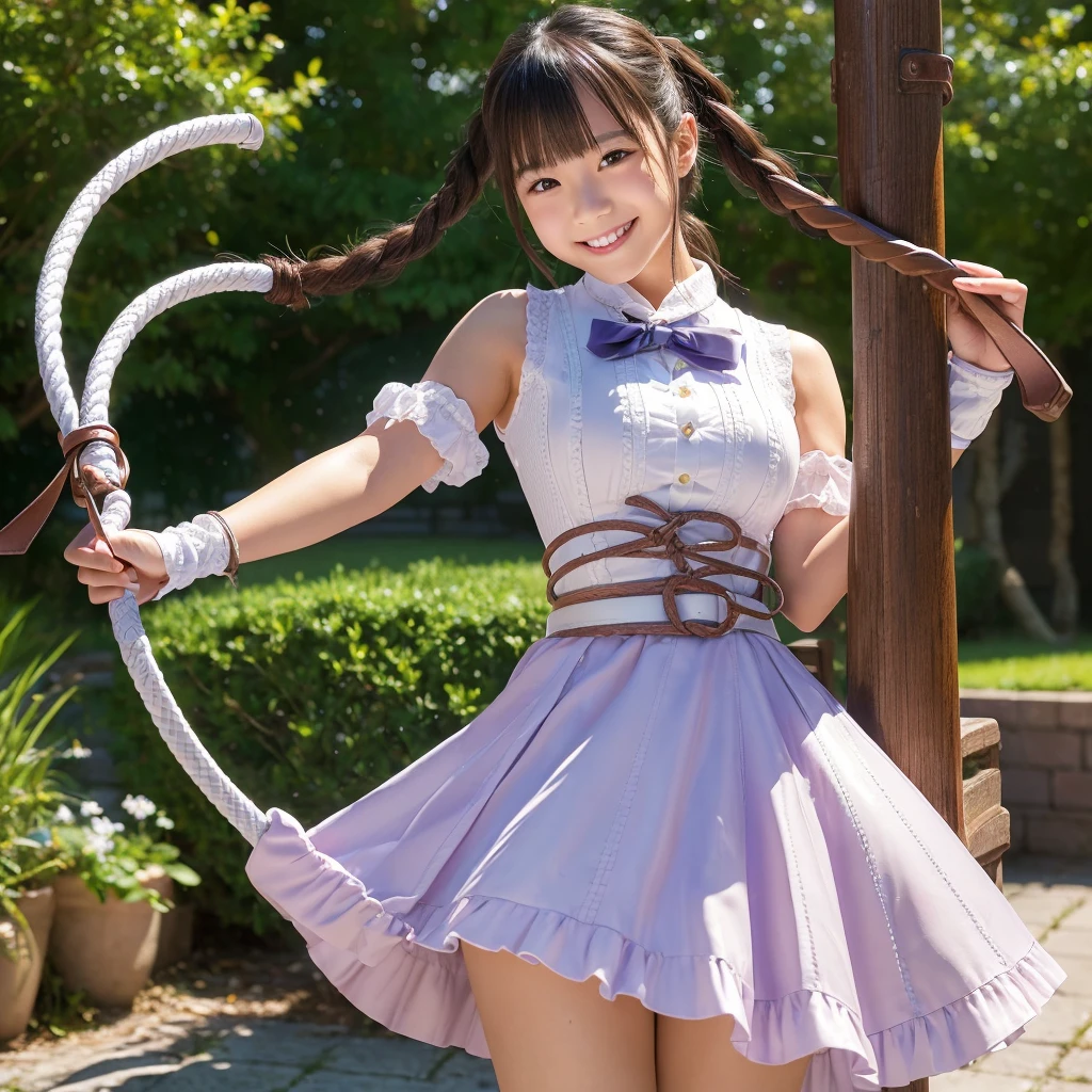 (((Pixel Perfect,Perfect in every detail))), 女の子がwhipで男を叩く，A girl around 15 years old,smile,,NSWF,A cute leather whip，whip，Swinging a long, thick rope，cinematic，