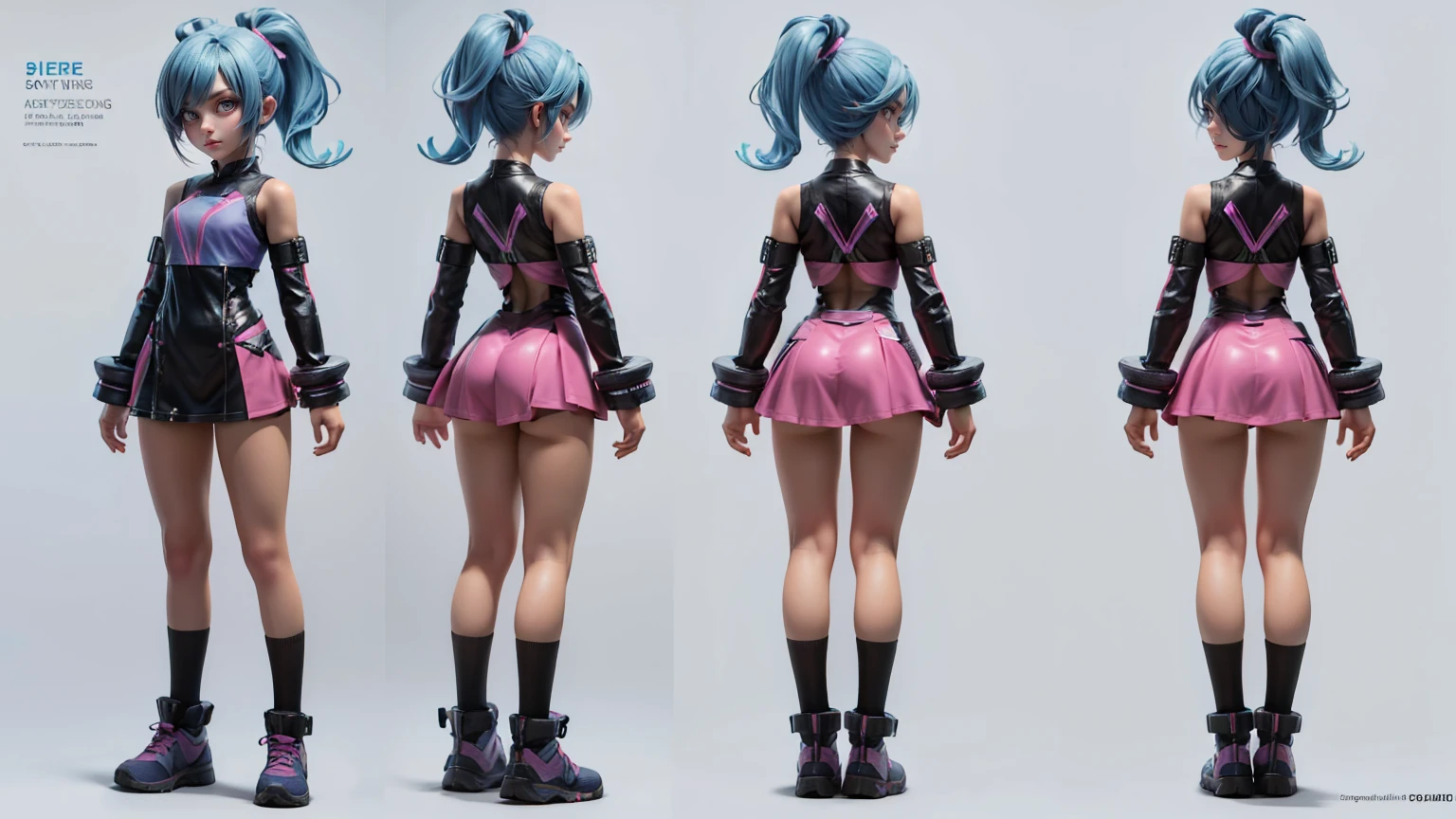 girl, wearing a short pink  outfit wearing a futuristic athlete's outfit with energy boosters. , pink hair,  short  pony tail,, gaming full straight standing pose, , , Full body, girl, , Simple plain background, HD, standing, modern , front view, modern dresses, unique,+3 View prompt standing, 3 View Drawings, side and Front and back, Character Sheet, Full body, Simple white background, character reference sheet, Concept art, design sheet, Character Design, full body adoptable horizontal clear and blue hair, 