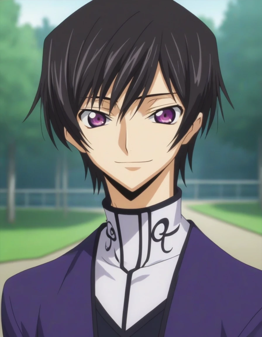 score_9, score_8_up, score_7_up, source_anime, rating_safe, intricate details, anime screencap, , , looking at viewer, depth of field, 1boy, solo, male focus, lelouch_lamperouge, black hair, purple eyes, bangs, smile, cute, purple casual costume, park, night.