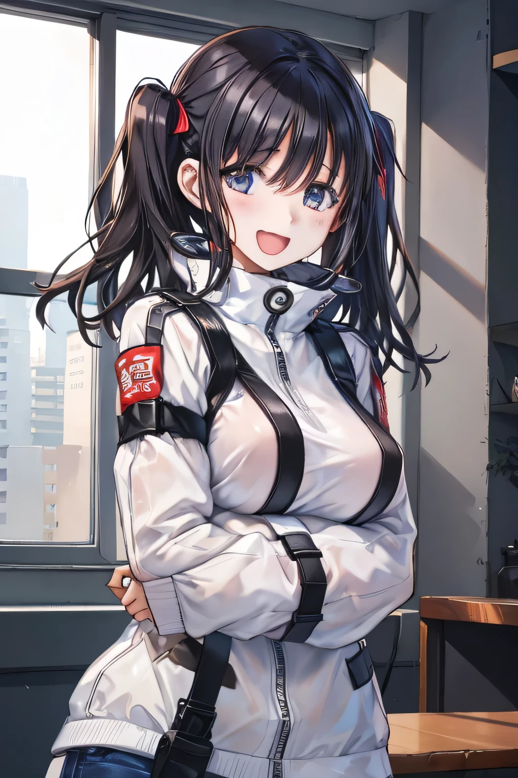 Girl、、Large Breasts、Straightjacket、Handgun、cute、Ragged black hair、Manic Laugh