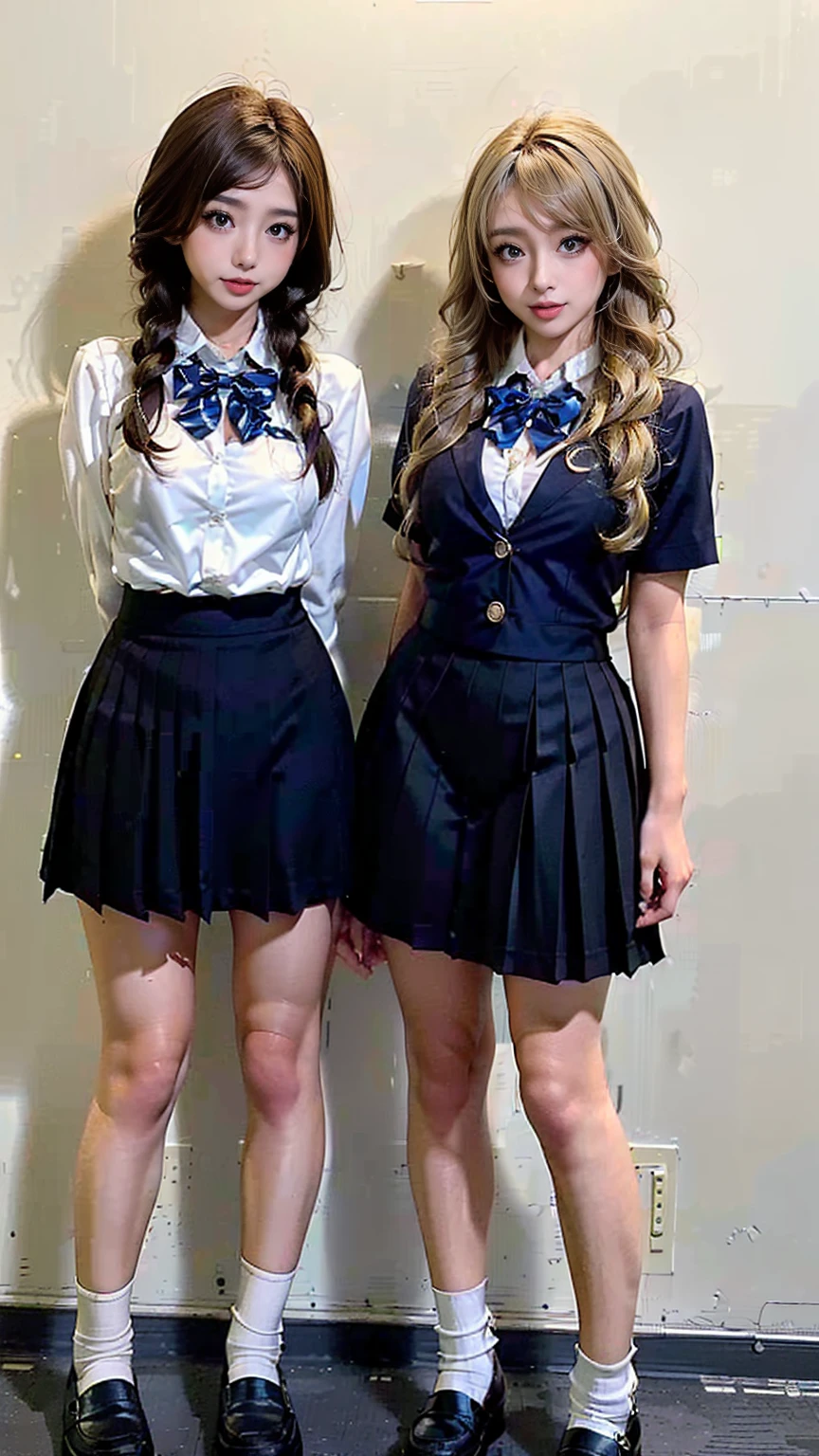 (Two women:1.8), A gal of about the same height, (Two high school girls), (Shopping mall, Shopping Street, street, Outdoor), Full body portrait, Photograph the whole body, Are standing, (Tall, Thin thighs, Elongated arms and legs, Small waist, Small hips), ((Highly detailed skin), Beautiful realistic face, White skin, Pointed Chest, Perfect Anatomy, Realistic eyes, Natural Eyes, Brown eyes, Accurate eye focus, Accurate limbs), (Hyper Realist, Ultra-realistic, 4K, Attention to detail, Ultra-high resolution, Highest quality, masterpiece, Presence, dynamic, Uplifting, bold, Sharpness), (Big Breasts:1.5), (Cleavage:1.5), (Blonde long hair:1.5, loose wavy long hair:1.5, Loose curly hair:1.5), (sleek bangs), (Twin tail hair), ((White collared shirt, Navy pleated mini skirt, Navy colored socks, Black loafers, Ribbon tie)), High school girl in uniform, Surreal high school girl, tall, High school girls in uniform, smile, Slouching, Cleavageを強調, (Are standingTwo high school girls:1.8),