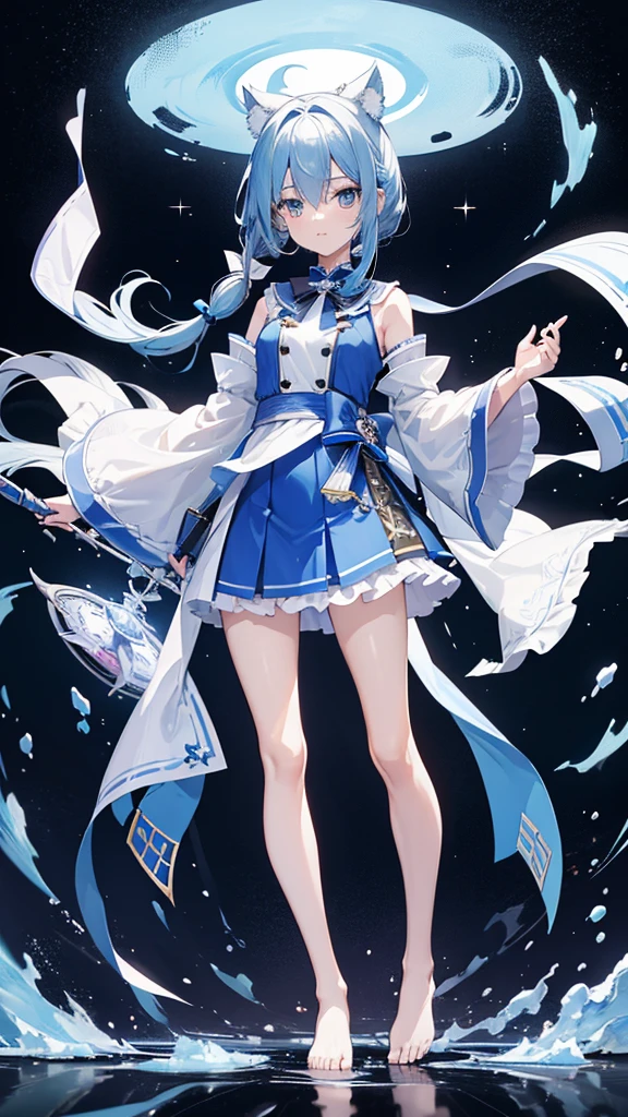 （Magical fantasy）（future world）（（Super detailed details））A white double ponytail hair，Blue bow，（清凉白色宽松泳装少女Stand sideways在沙滩上）（Happy and lively）Moe，Perfect body proportions（（Full body picture））Stand sideways，Bare feet and legs