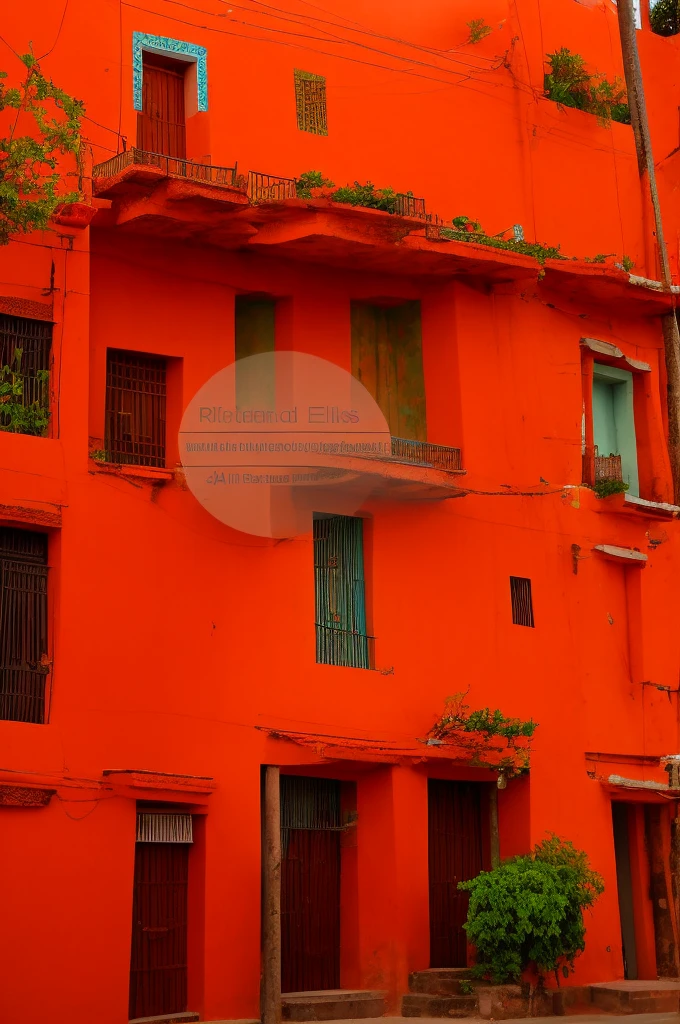 Arafed orange building with a staircase leading to it., historical surroundings, central mexico, colorful building, colorful tile architecture, neoandean architecture, neoandean architecture, town dense architecture, Facade Freddy Mamani Silvestre, Exterior view, Colorful architecture, brightly colored buildings, red building, Ornate mosaic architecture, Front view