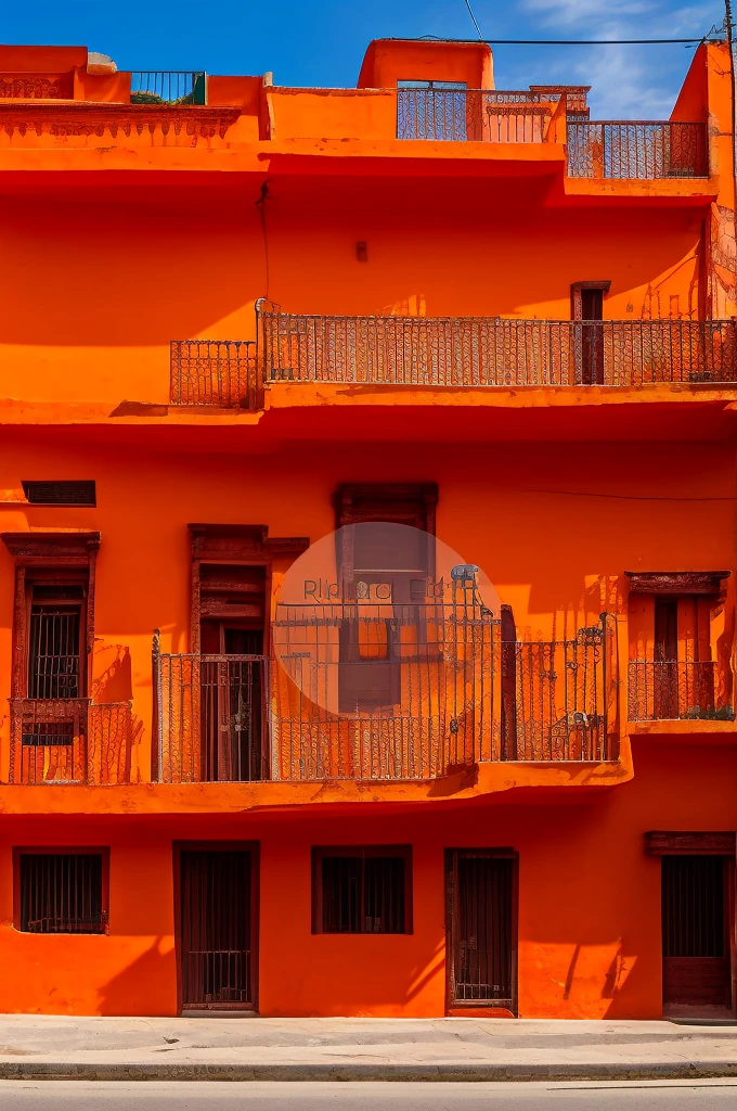 Arafed orange building with a staircase leading to it., historical surroundings, central mexico, colorful building, colorful tile architecture, neoandean architecture, neoandean architecture, town dense architecture, Facade Freddy Mamani Silvestre, Exterior view, Colorful architecture, brightly colored buildings, red building, Ornate mosaic architecture, Front view