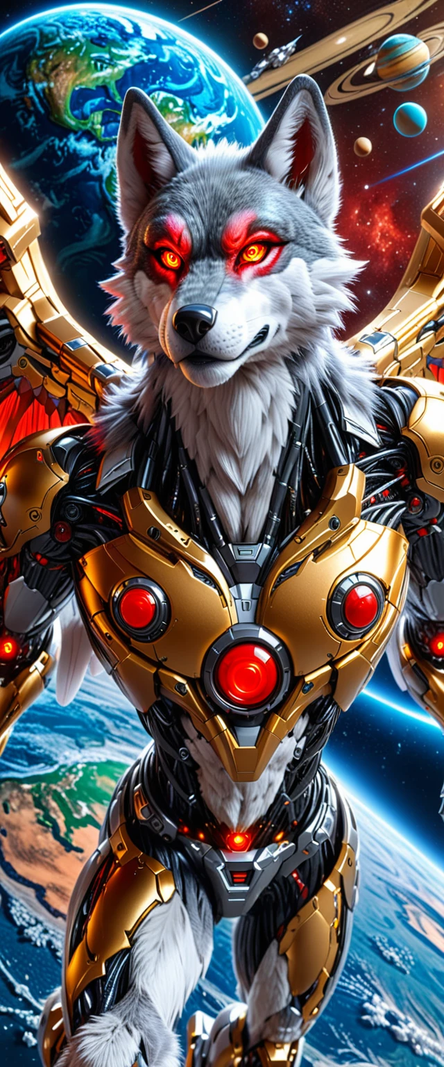 score_9, score_8_up, score_7_up, rating_safe,source_furry,anthro,source_3D a cyborg wolf digital muscular, flying over outer space red eyes the planet earth there in the background and the planet Saturn too. Golden Cyborg, wings serious expression, HDR 8K 