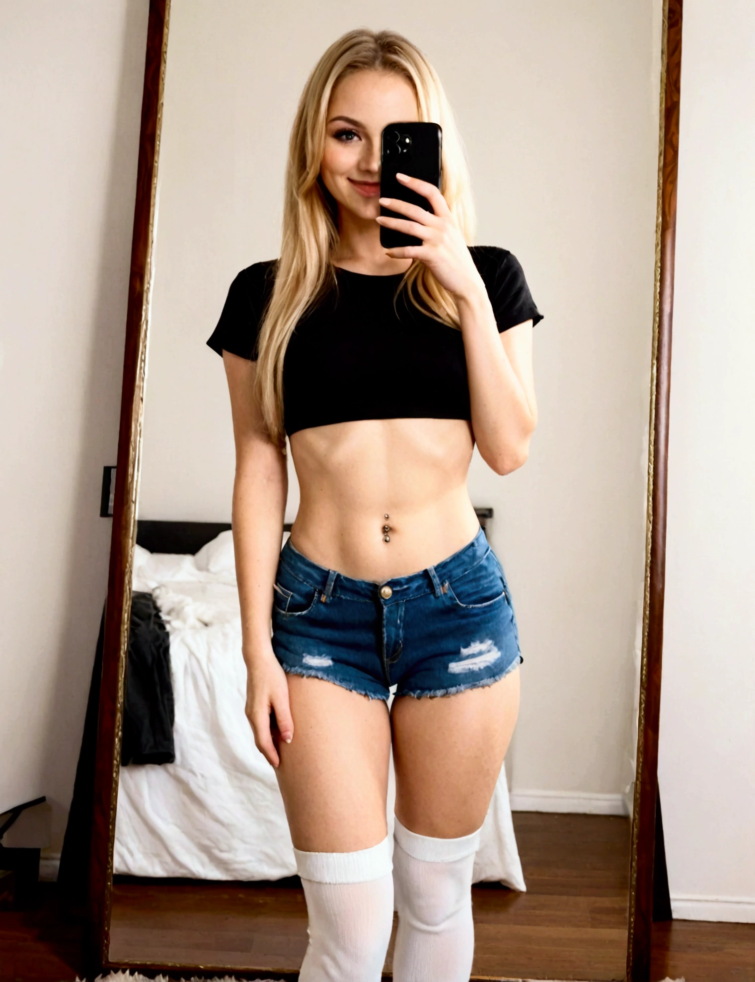 Best texture, high quality, ultra HD, 8K, sexy long blonde hair young girl skimpy denim shorts white thigh socks crop t shirt belly button piercing taking selfie in mirror bedroom smile 