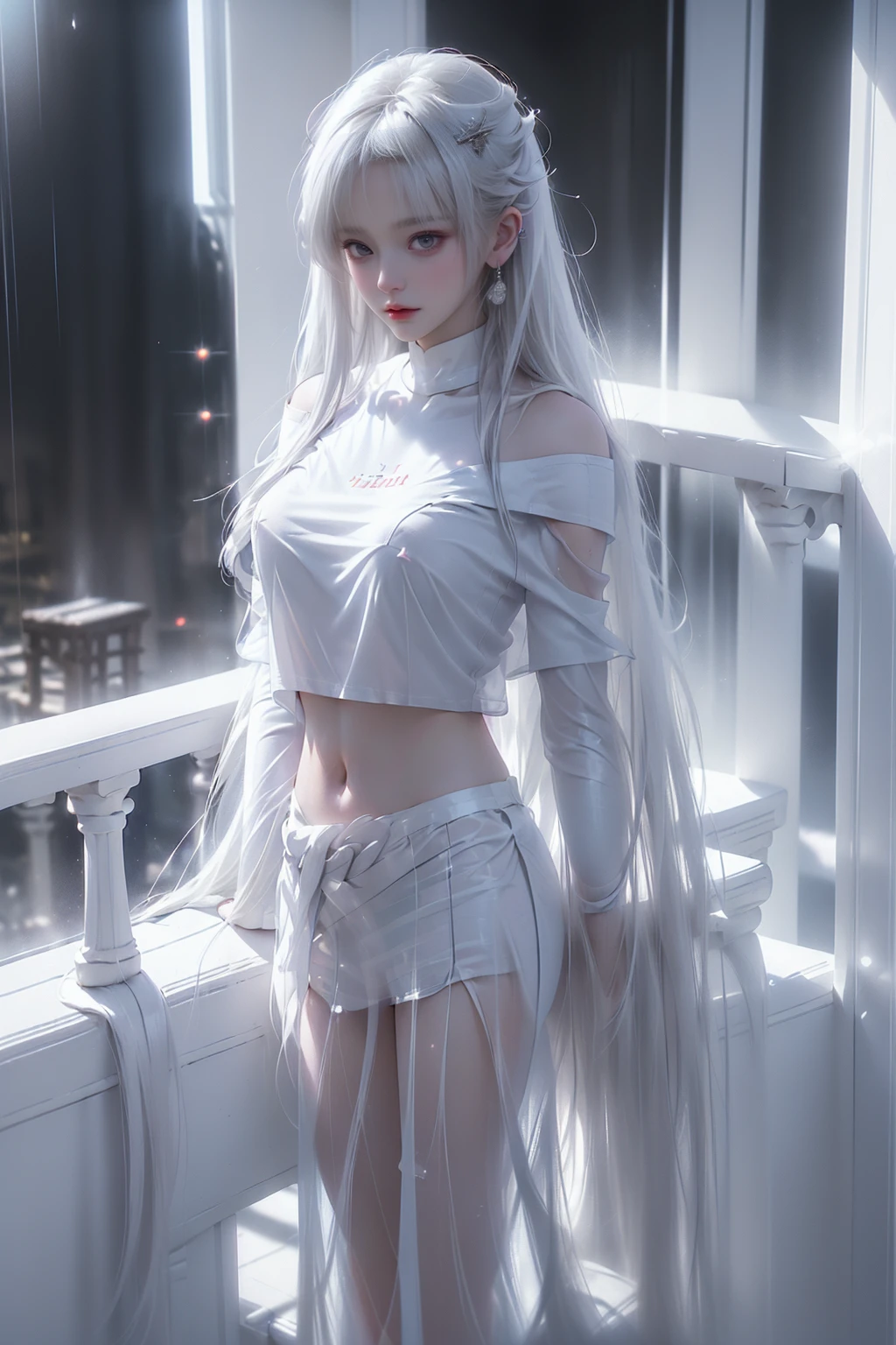 ((Woman Standing On Balcony Of Old Castle))1.3)、(Neon Light:0.1)、(nffsw:0.1)、Accent lighting、((Out of the window、 Hazy skyscrapers))、(nipple)、(Puffy eyes:1.2)、(slimな脚)、(Light on face and chest)、Are thin、 ((The underside of the chest is slightly visible))、(I can see under my chest、Belly button and ribs visible)(Pull up your skirt)、((White thong panties are visible)),Highest quality works、actual work、Ultra Premium Graphics、8K HD CG Works、High quality graphics、High-definition CG works、10x pixels、Ultra-fine detail:1. 1、High technical level:1.1 PhotoGenuine、Natural light:1. 5、Light effects(Virtual Light effects:1.8)、((Straight Van、Princess Van))、((Very heavy、Volume Bang:1.1)、((very long、Very heavy、Very voluminous side locks:1. 1)、Hime cut、Straight bangs、Bangs straight、(masterpiece、Highest quality:1.5)、(ultra detailed 8k cg:1.4)、(超Realistic:1.25)、(Genuine:1.1. 4)、((Golden white hair))、Thin eyebrows、High nose、Nice red lips、Rosy Cheeks、Delicate makeup face、Cute Face、Perfectly balanced face、()、Light-colored foundations enhance the clarity of your skin.., 40k、photograph、、Highest quality、(1. Beautiful Eyes、Light Hair、White skin、Mr.. Escape.々Pause、((Mid-chest、:1.1))、Highest quality、Tabletop、Ultra-high resolution、(Genuine:1.4)、RAWphotograph、(Perfect figure)、(slim、:1.3)。 3)、slimな腹部、(Girl standing on the balcony of an old castle),((masterpiece:1.5、8k、Portraiture、フォトリアリスティックでVery detailedなCG、Very detailed、Particle Effects、Dynamic Effects、Written boundary depth、Cinematic Light、Lens flare、Ray Tracing、Tabletop、Realistic:1.4、Ultra-high resolution:1.2、Realistic、Realistic,((alone)、(White semi-transparent off-the-shoulderTshirt women:1.4)、(Black tight mini skirt)モデル風のPause:、Side bust、(Medium sized breasts)、Detailed face、Bright expression、young, Brighter, よりWhite skin、Best Looks、Ultimate beauty、White hair with shiny highlights:1.8、bright and shiny hair,、Super long, Silky straight hair、Hair swaying in the wind))(Puffy eyes:1.2)、(slimな脚)、(Light on face and chest)、(((((Underboob)))))、Lower chest、Oily skin、Are thin、 (The underside of the chest is slightly visible)、(I can see under my chest、Belly button and ribs visible)、The hips and lower abdomen are visible、(Pull up your skirt)、