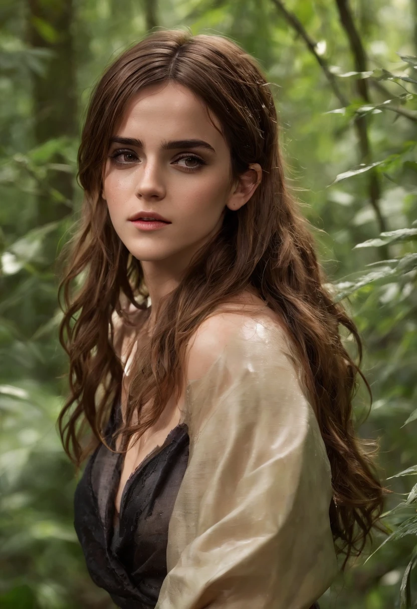 Emma Watson, (wet skin:1.5), no bra, pokies, puffy, low cut neckline, enough cleavage, seductive, cowboy shots, 8k, (waist very thin:1.3), bare breast, big breast, (big breast:1.5) (Long Hair:2.0), ((Lost in the middle of the dark forest))