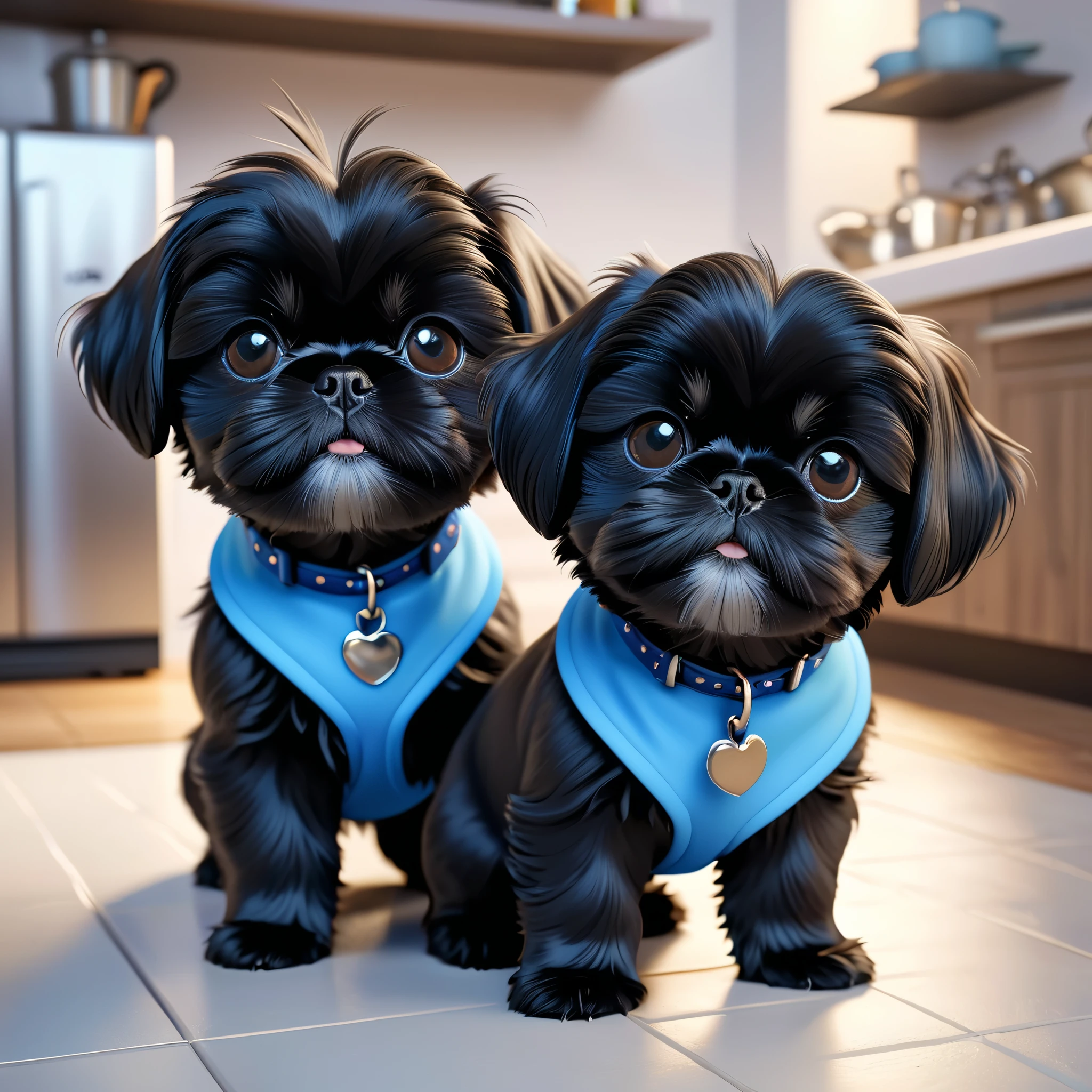 2 adorable small black shih tzu puppies wearing blue collars playing, making a mess, disney kitchen, 3d cartoon, 3d render, disney pixar style, best quality, 4k, 8k, highres, masterpiece:1.2, ultra-detailed, realistic, photorealistic, photo-realistic:1.37, HDR, UHD, studio lighting, ultra-fine painting, sharp focus, physically-based rendering, extreme detail description, professional, vivid colors, bokeh