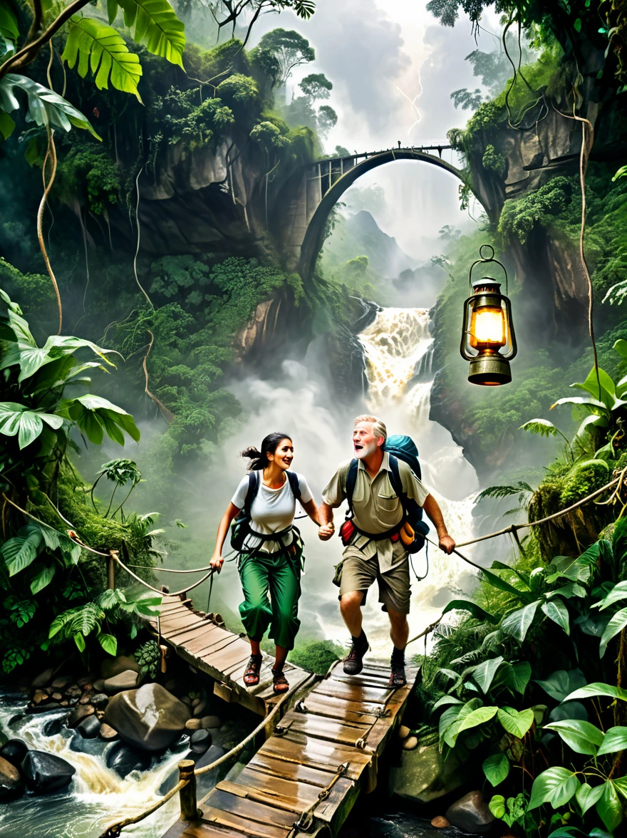 This is a picture full of exciting jungle adventure theme，Demonstrated resilience in the face of adversity，The background of the picture is a dense rainforest，Depicts a middle-aged white man and a young Middle Eastern woman，Both were dressed in rough clothing，Getting ready for a hike in the jungle，In a fierce storm，They crossed a dangerous rope bridge，There is a turbulent river under the bridge，On the top of a distant mountain，A figure holding a lantern，Bringing hope and inspiration to people，This image symbolizes courage in the face of adversity，Determination and tenacity，Emphasizes the indomitable spirit of human beings