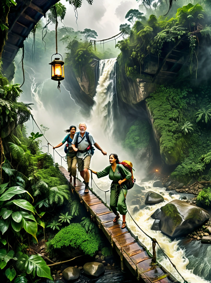 This is a picture full of exciting jungle adventure theme，Demonstrated resilience in the face of adversity，The background of the picture is a dense rainforest，Depicts a middle-aged white man and a young Middle Eastern woman，Both were dressed in rough clothing，Getting ready for a hike in the jungle，In a fierce storm，They crossed a dangerous rope bridge，There is a turbulent river under the bridge，On the top of a distant mountain，A figure holding a lantern，Bringing hope and inspiration to people，This image symbolizes courage in the face of adversity，Determination and tenacity，Emphasizes the indomitable spirit of human beings