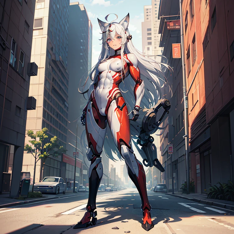 (Fox Girl, Fox Ears, Silver Hair, Fox Makeup, One Girl, Long Hair, Alone on the screen, dark skin, High definition:1.6), (mecha musume, Machinery Parts,Robot Joints, White and red clothes, Full body mechanical suit:1.8), (Body measurements are 75-60-75!, Young girl body, Small breasts, Proudly, Standing posture, slender, muscle:1.9), Avatar, face, 色っぽいface, Dominant representation, naughty face, Uplifting, Skin Texture, outside, ruins, Ruined City, Broken Building, There are no people