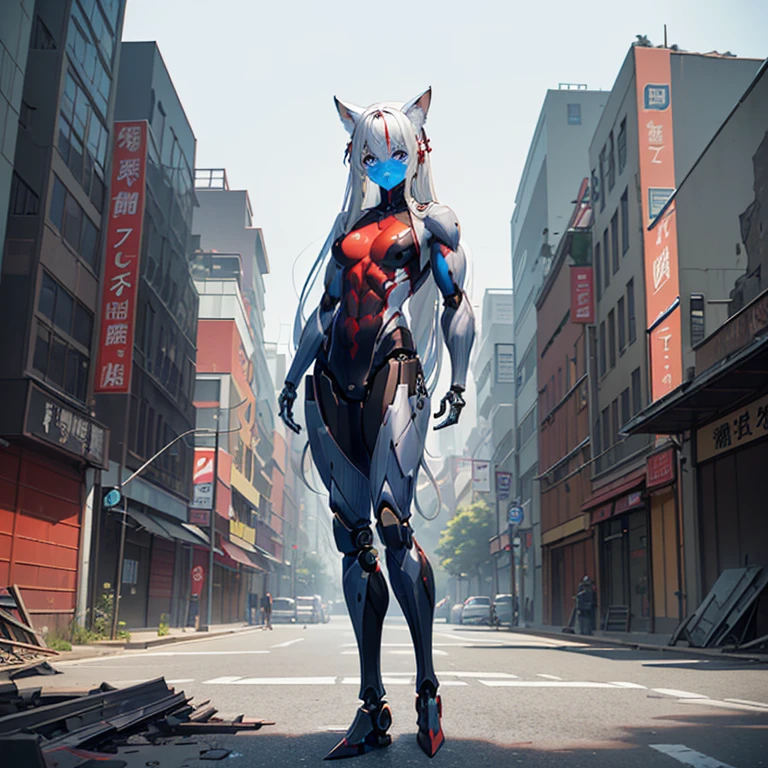 (Fox Girl, Fox Ears, Silver Hair, Fox Makeup, One Girl, Long Hair, Alone on the screen, dark skin, High definition:1.6), (mecha musume, Machinery Parts,Robot Joints, White and red clothes, Full body mechanical suit:1.8), (Body measurements are 75-60-75!, Young girl body, Small breasts, Proudly, Standing posture, slender, muscle:1.9), Avatar, face, lewd face, Dominant representation, naughty face, Uplifting, Skin Texture, outside, ruins, Ruined City, Broken Building, There are no people