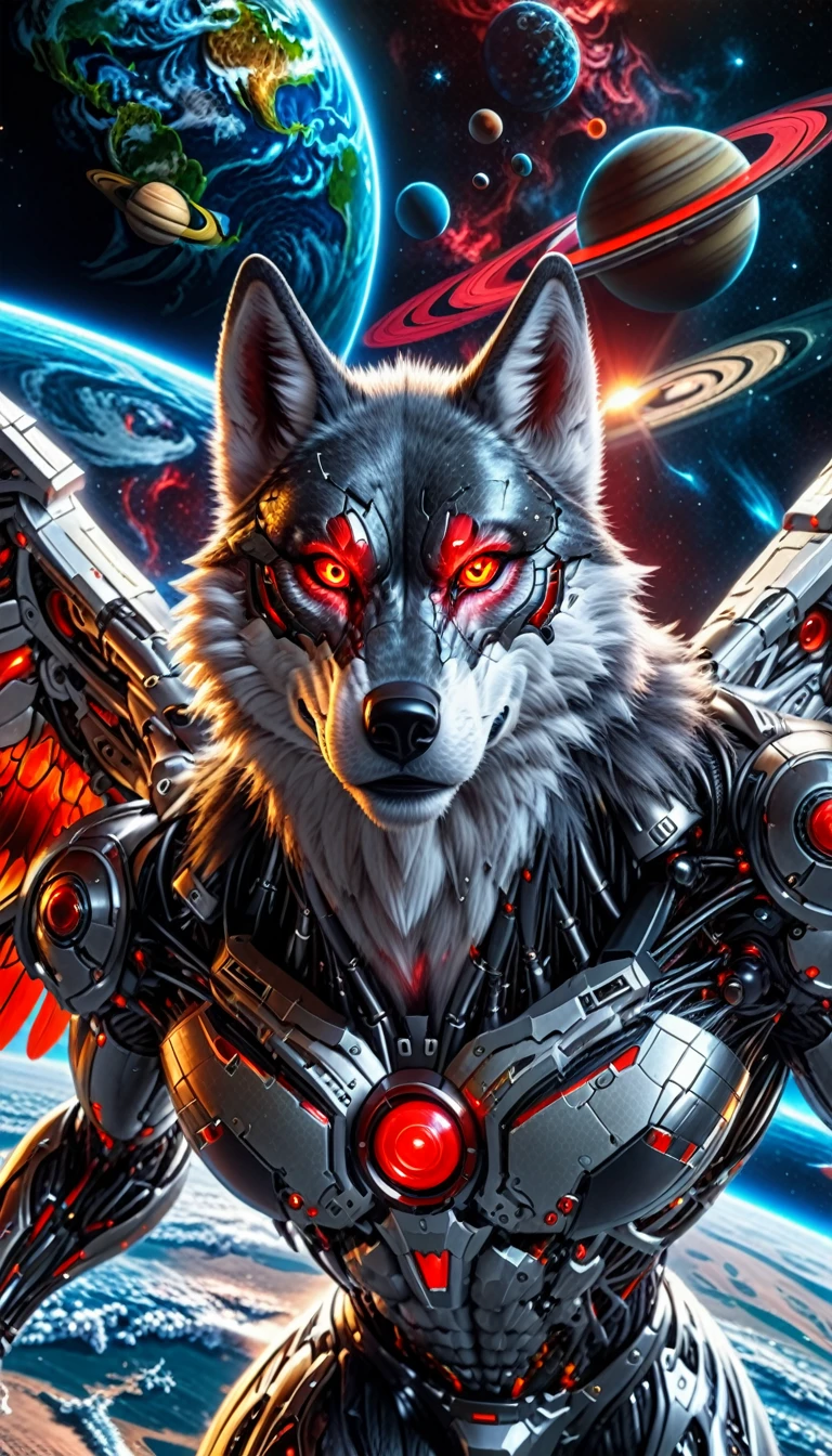 a cyborg wolf digital muscular flying over outer space red eyes the planet earth there in the background and the planet Saturn too. God cyborg wings serious expression, Looking at the viewer, HDR 8K  