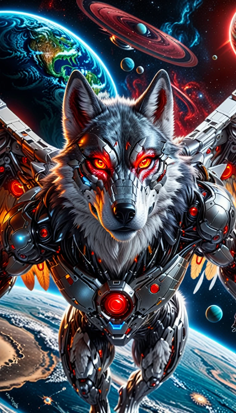 a cyborg wolf digital muscular flying over outer space red eyes the planet earth there in the background and the planet Saturn too. God cyborg wings serious expression, Looking at the viewer, HDR 8K  