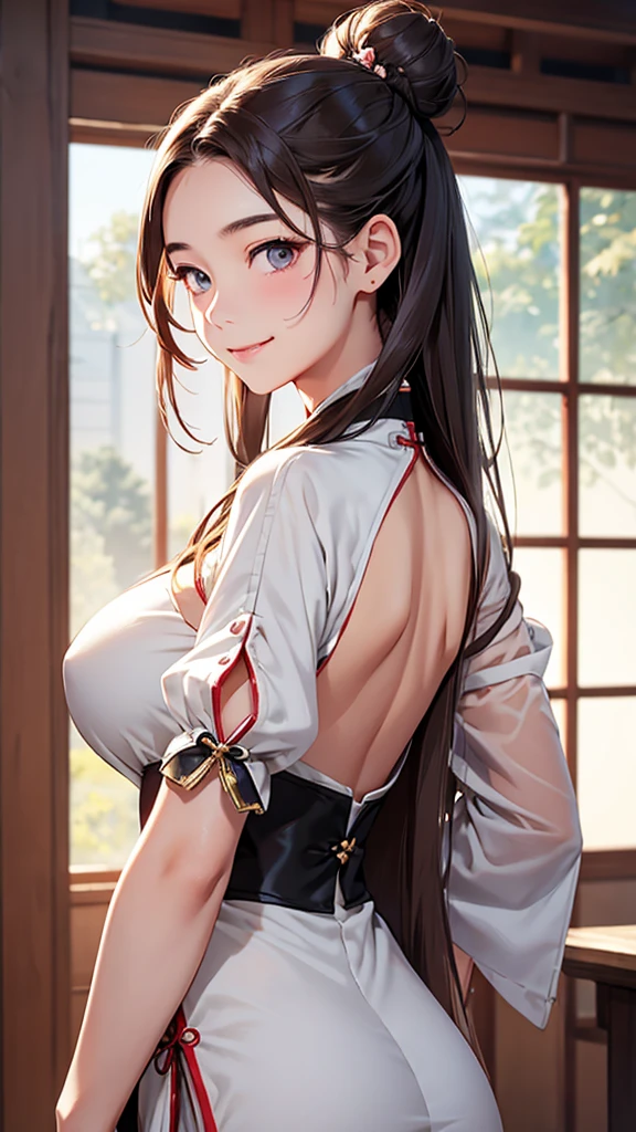 Highest quality、Realistic、Japanese、girl、zoom、cute、Grey Eyes、Long Hair、Bun Hair、Chestnut Hair、Back to all、the forehead is protruding、青いChina dress、China dress、Looking down、Big smile、Sweat、Bust Shot、thin、Large Breasts